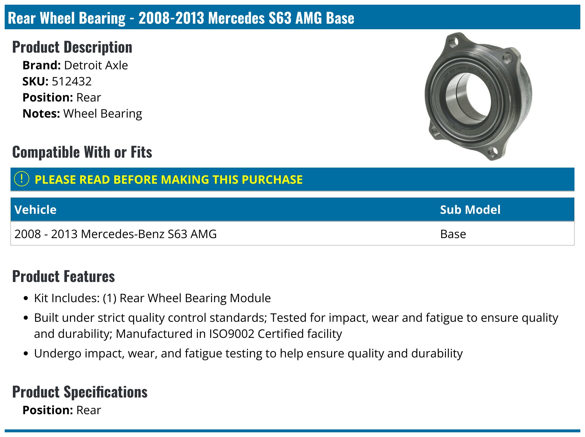 2008-2013 Mercedes S63 AMG Wheel Bearing - Detroit Axle 512432 - Rear ...