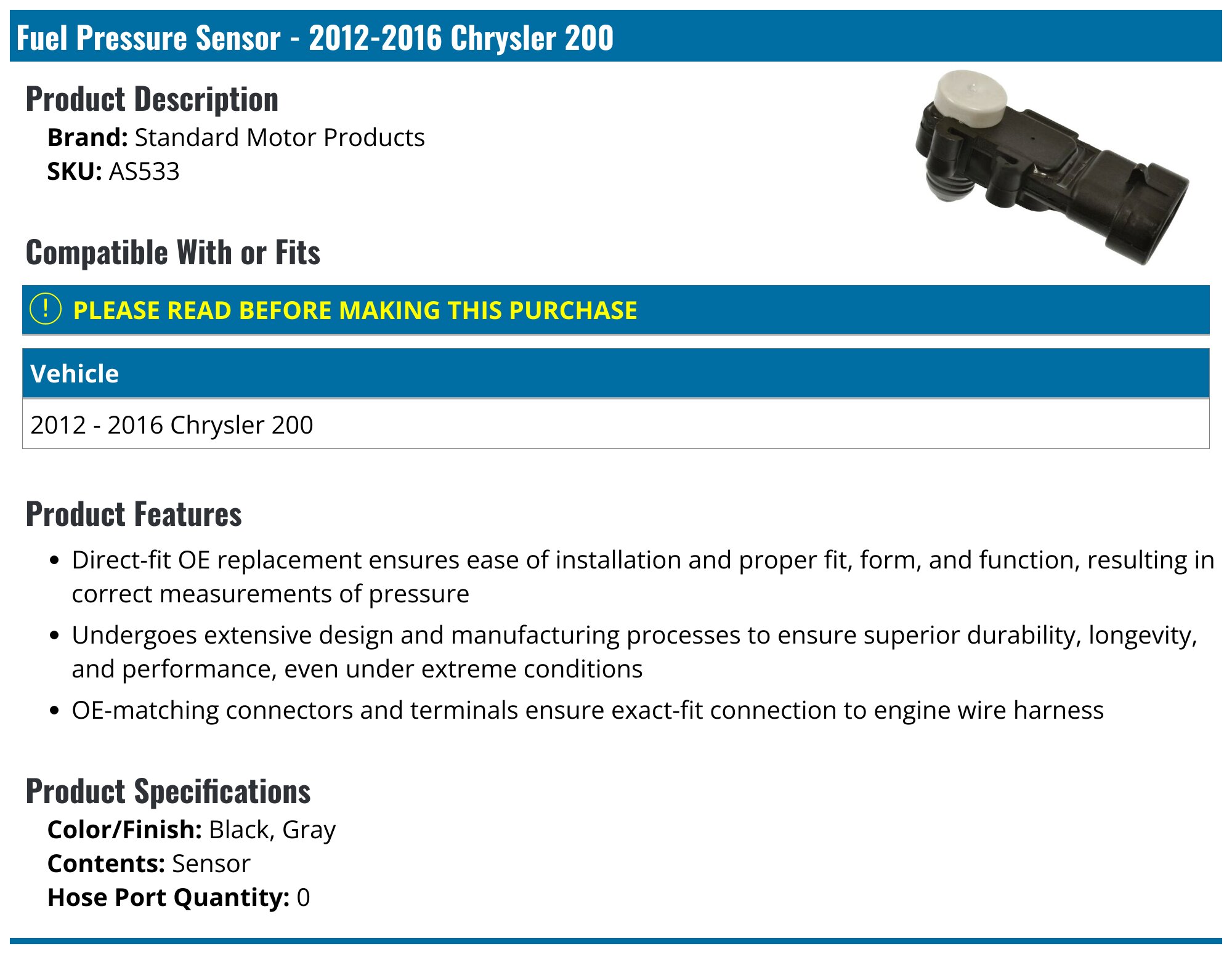 2012-2016 Chrysler 200 Fuel Pressure Sensor - Standard Motor Products ...