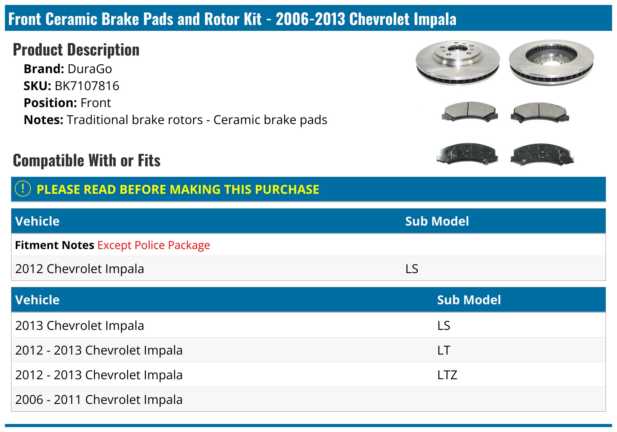 2006-2013 Chevrolet Impala Brake Rotor - DuraGo BK7107816 - Front