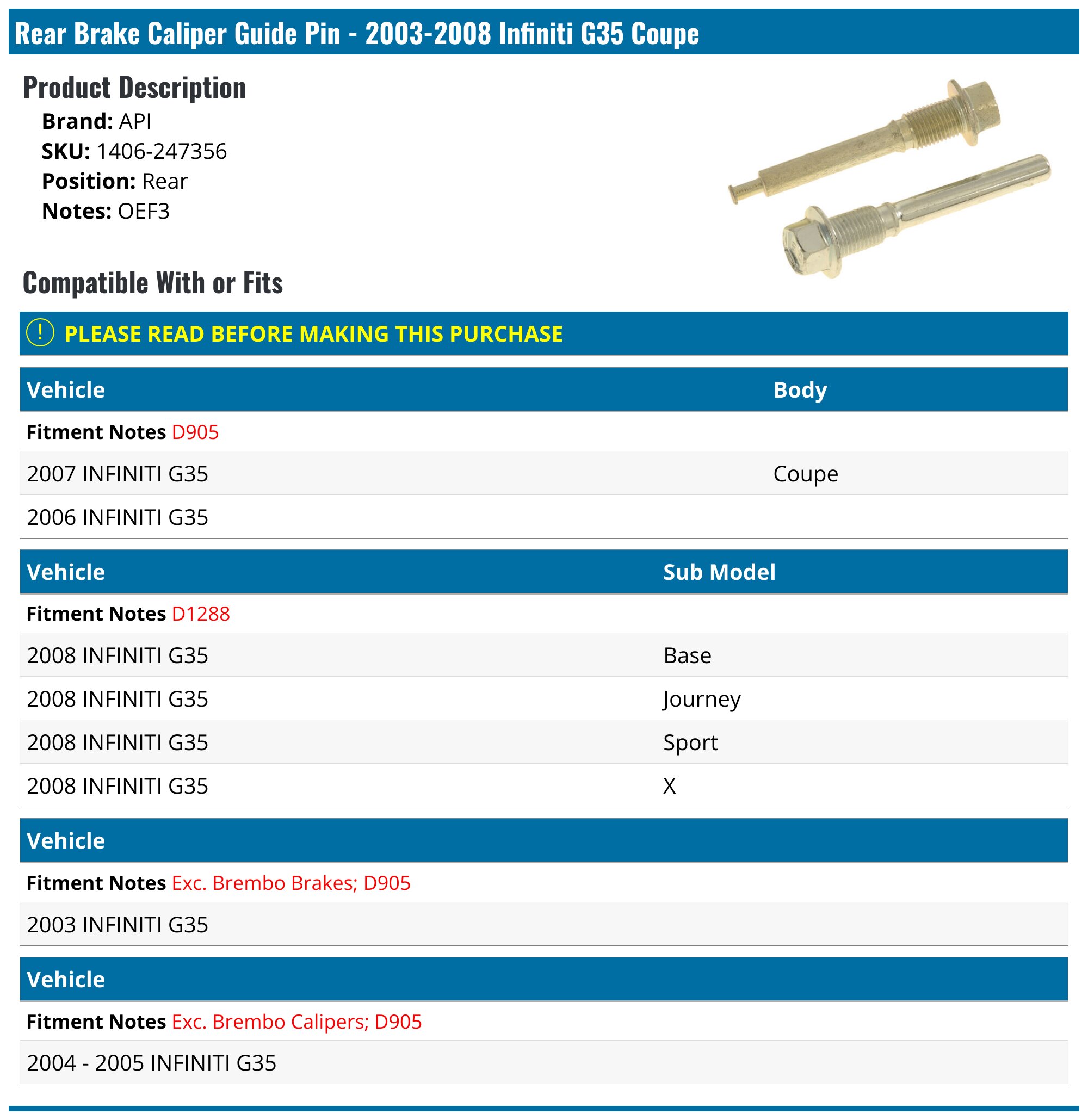2003-2008 Infiniti G35 Brake Caliper Guide Pin - API 6703-07502859 ...