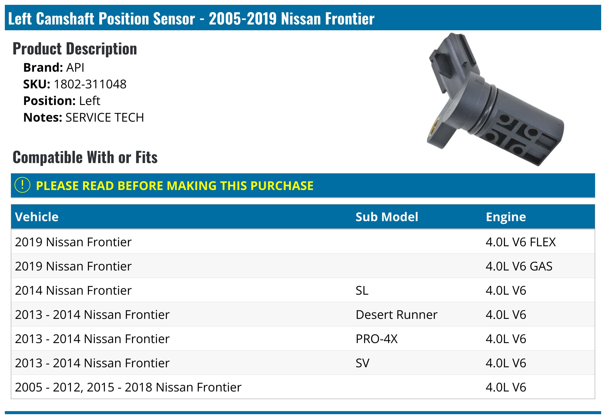 20052019 Nissan Frontier Camshaft Position Sensor API 1839707491213