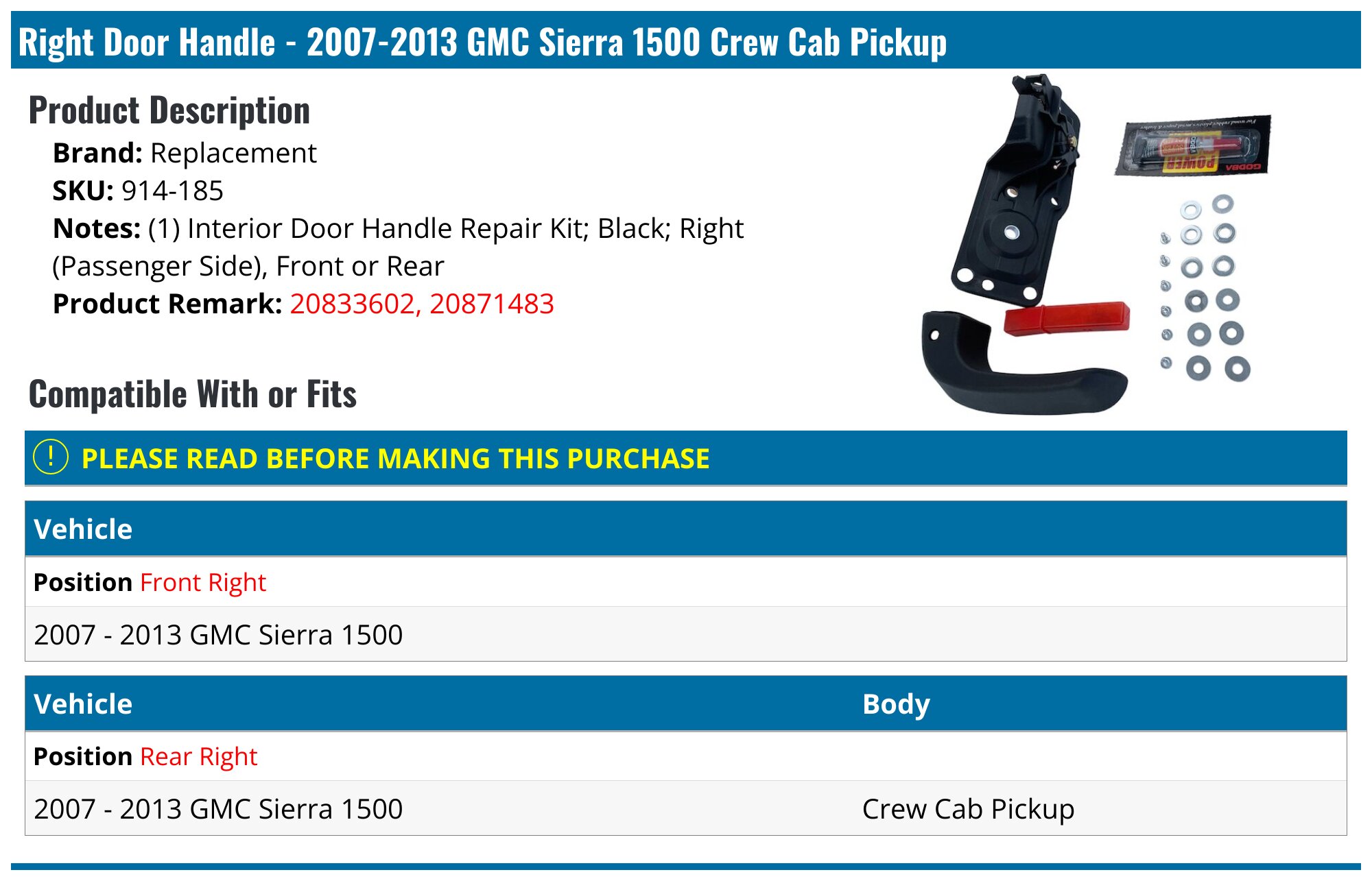 Exterior Chrome Door Handle Front Right Passenger Side | For 2007-2013 Chevy Silverado Suburban Tahoe Avalanche, GMC Sierra Yukon, Cadillac Escalade | Replaces# 15915150, 22738722, 25960526, 80545 In | Whizz Exterior - Foto 3