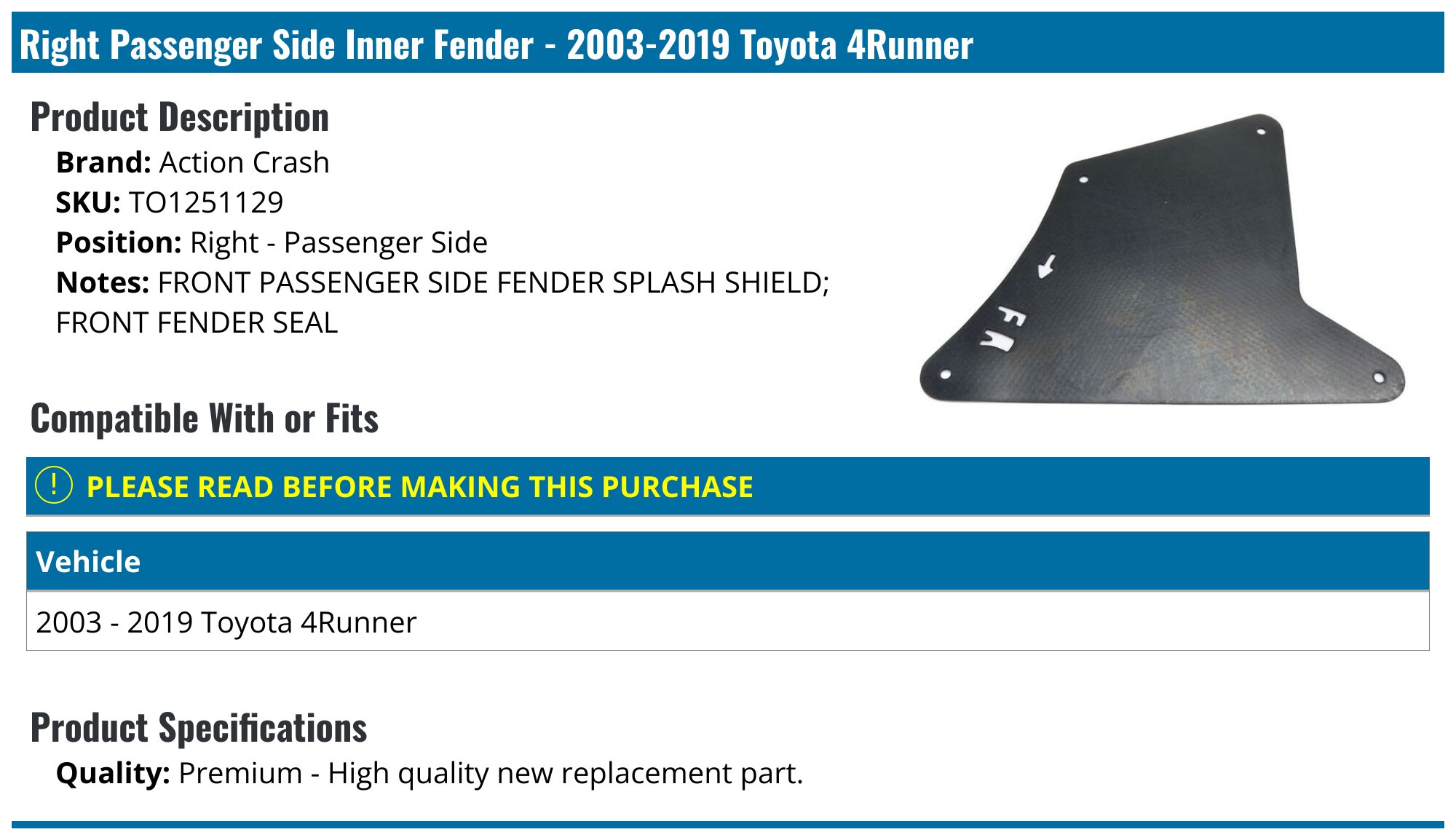 Set Of 2 Front Fender Liners For Toyota 4Runner (2003-2024) & Lexus GX460/GX470 10 thumbnail image