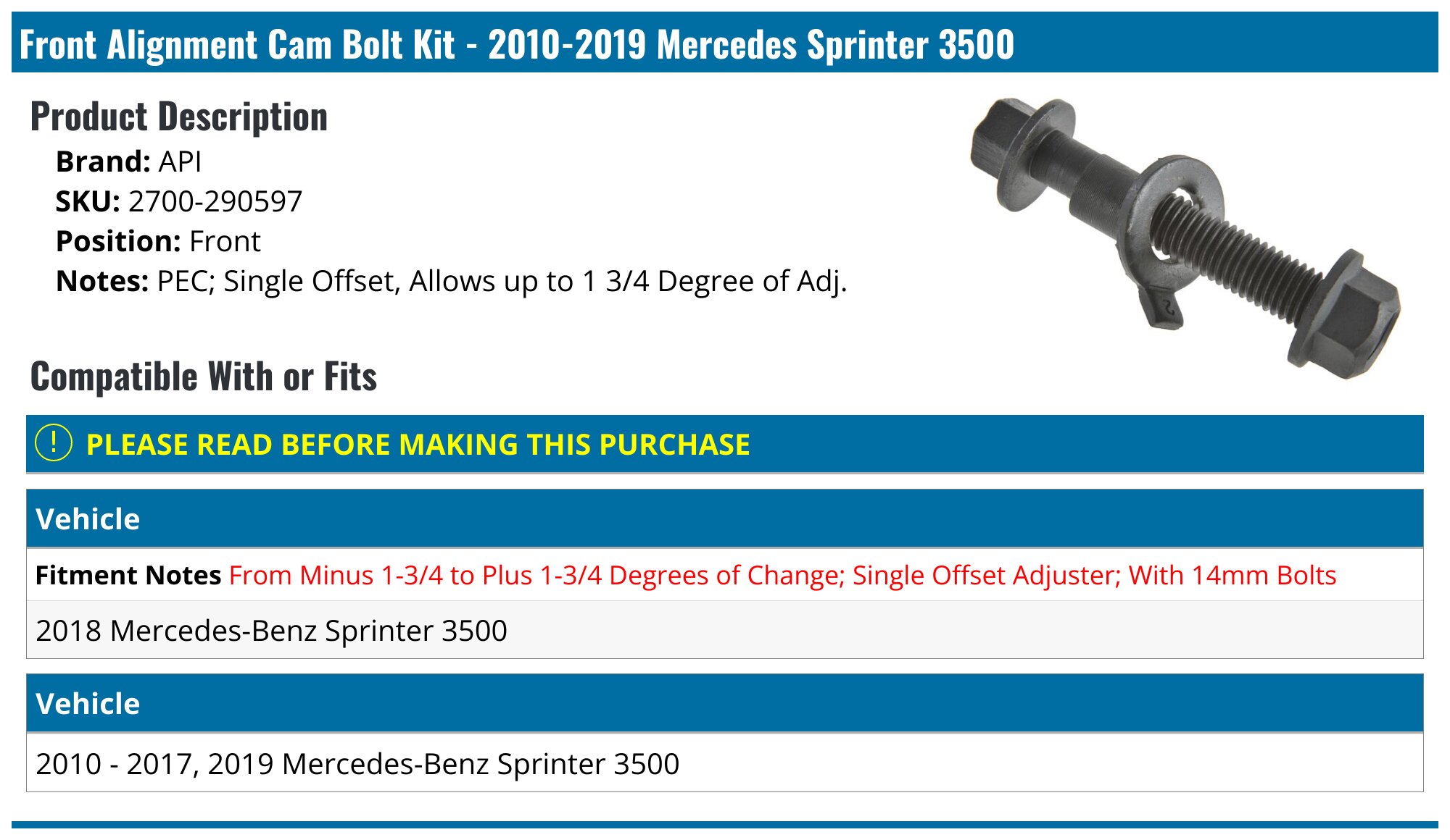 2010-2019 Mercedes Sprinter 3500 Alignment Cam Bolt Kit - API 96182 ...