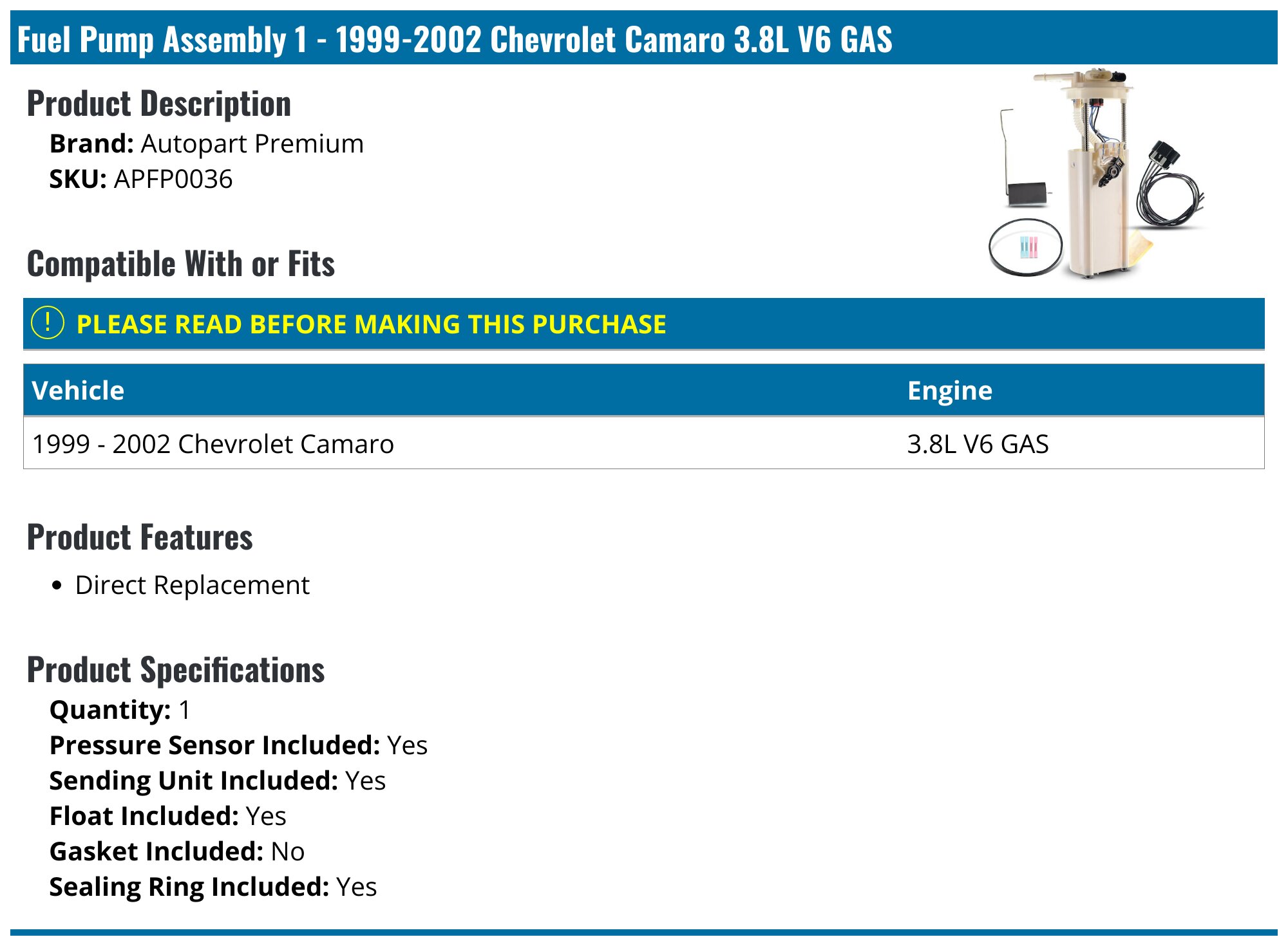 Fuel Pumps for Chevrolet Camaro Sending Units for 1998 for sale