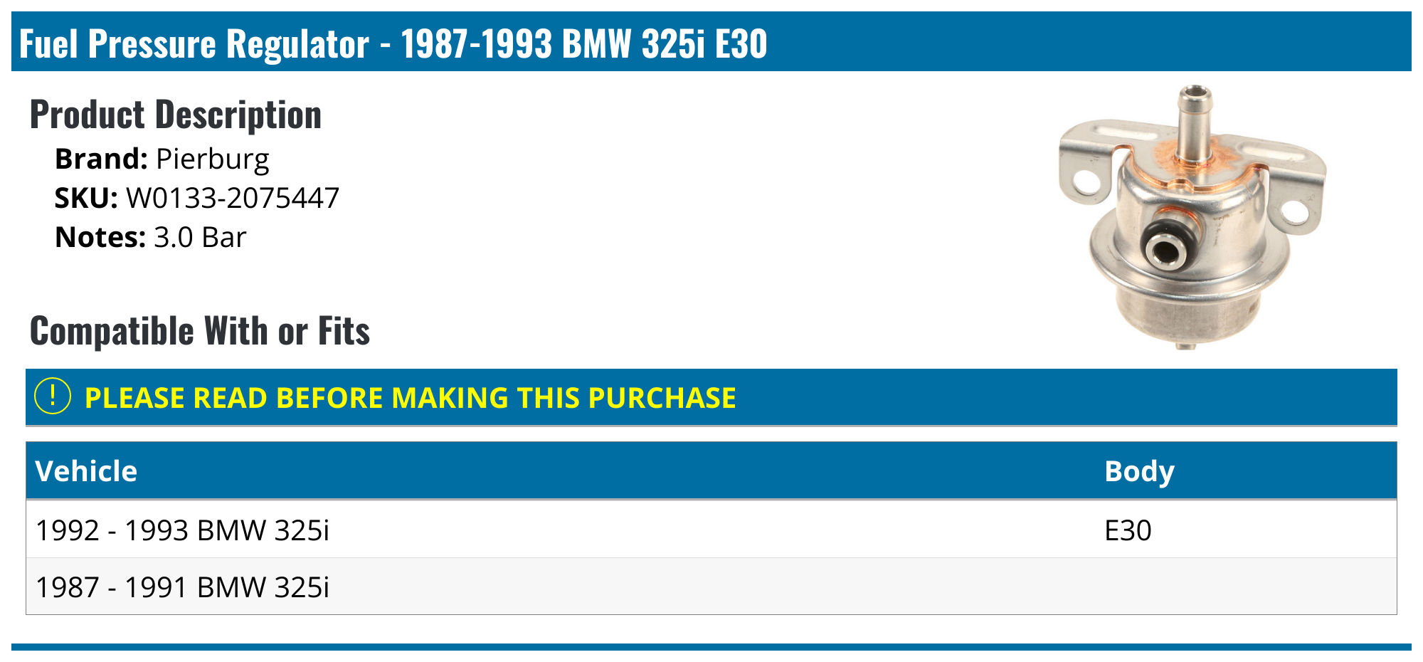 19871993 BMW 325i Fuel Pressure Regulator Pierburg W01332075447