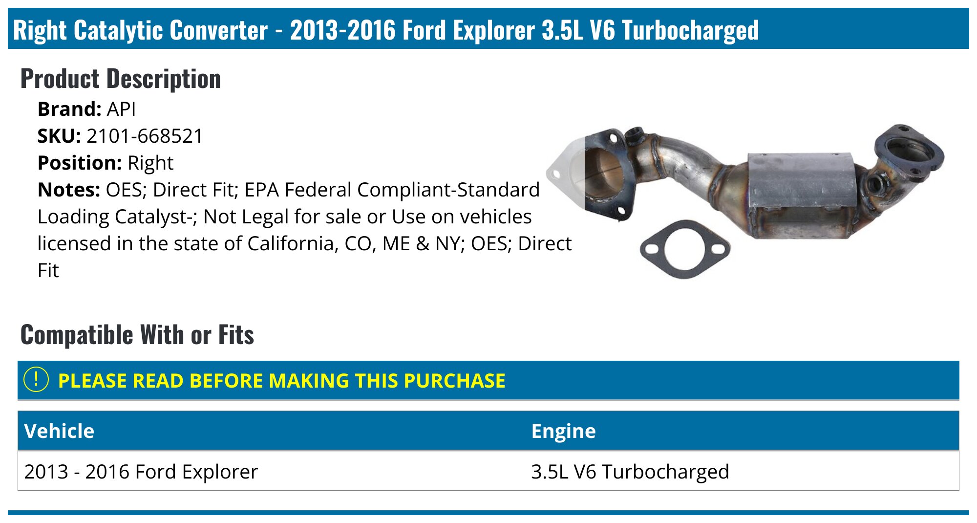 Direct Fit Catalytic Converter For Ford Explorer 4.0L 2006–2010 – Front, EPA Certified, Made In Canada