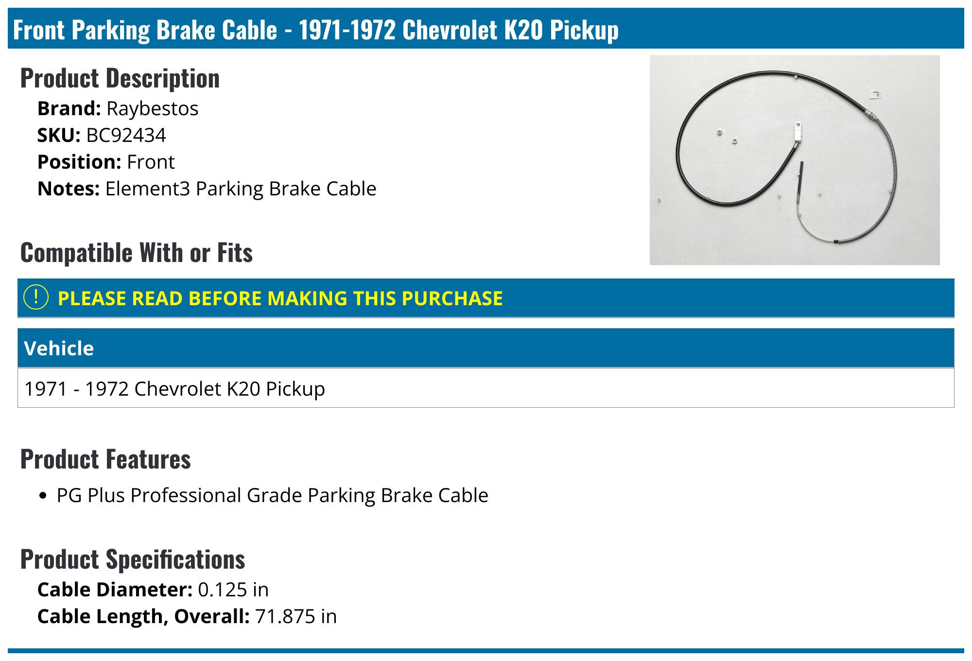 Raybestos BC92434 Professional Grade Parking Brake Cable, Parking - Canada