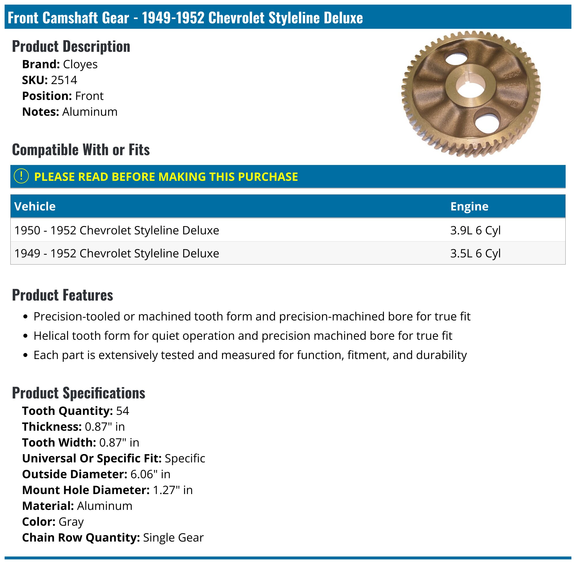 1949-1952 Chevrolet Styleline Deluxe Camshaft Gear - Cloyes 2514 ...
