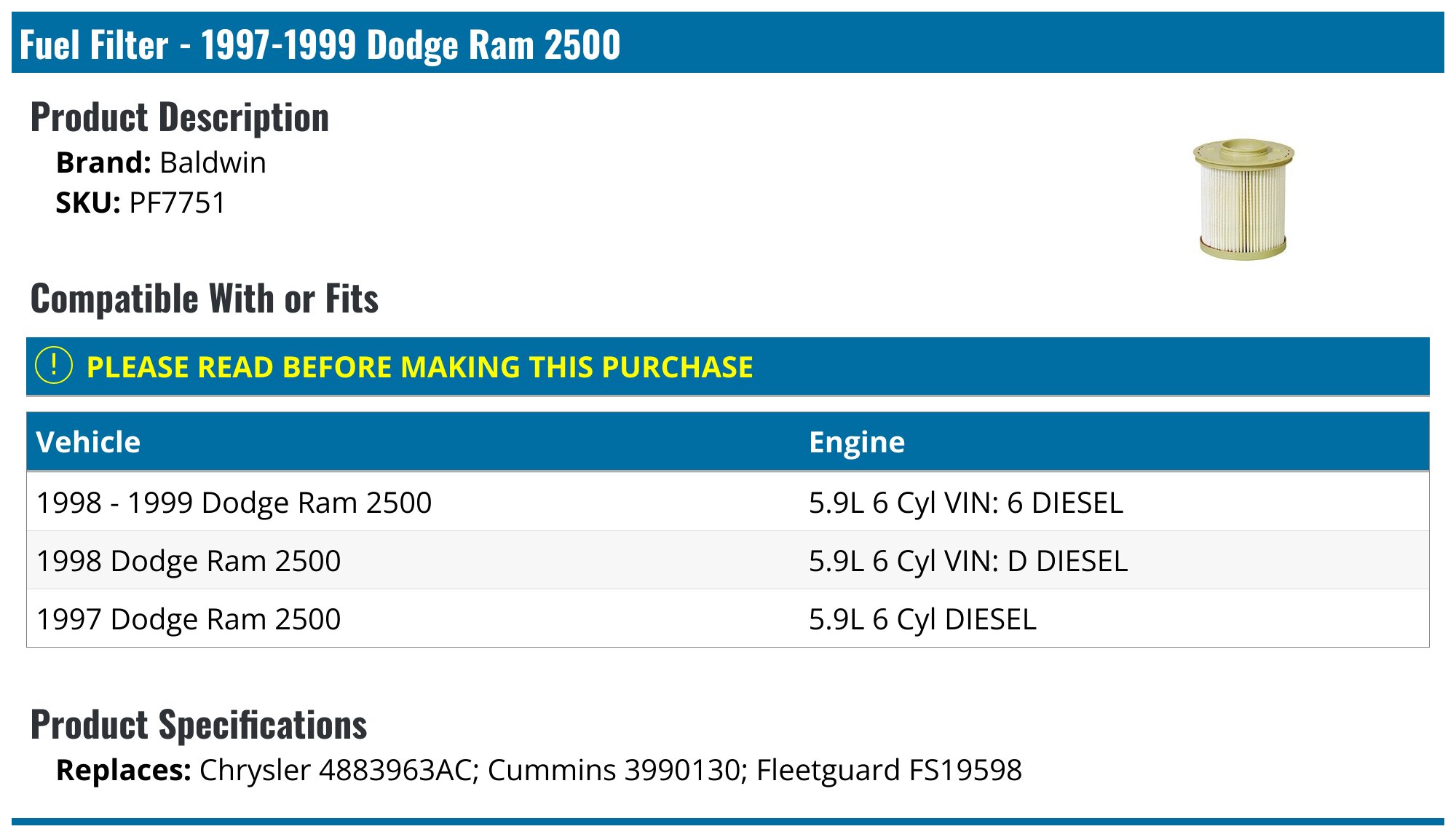 1997-1999 Dodge Ram 2500 Fuel Filter - Baldwin PF7751 - PartsGeek.com