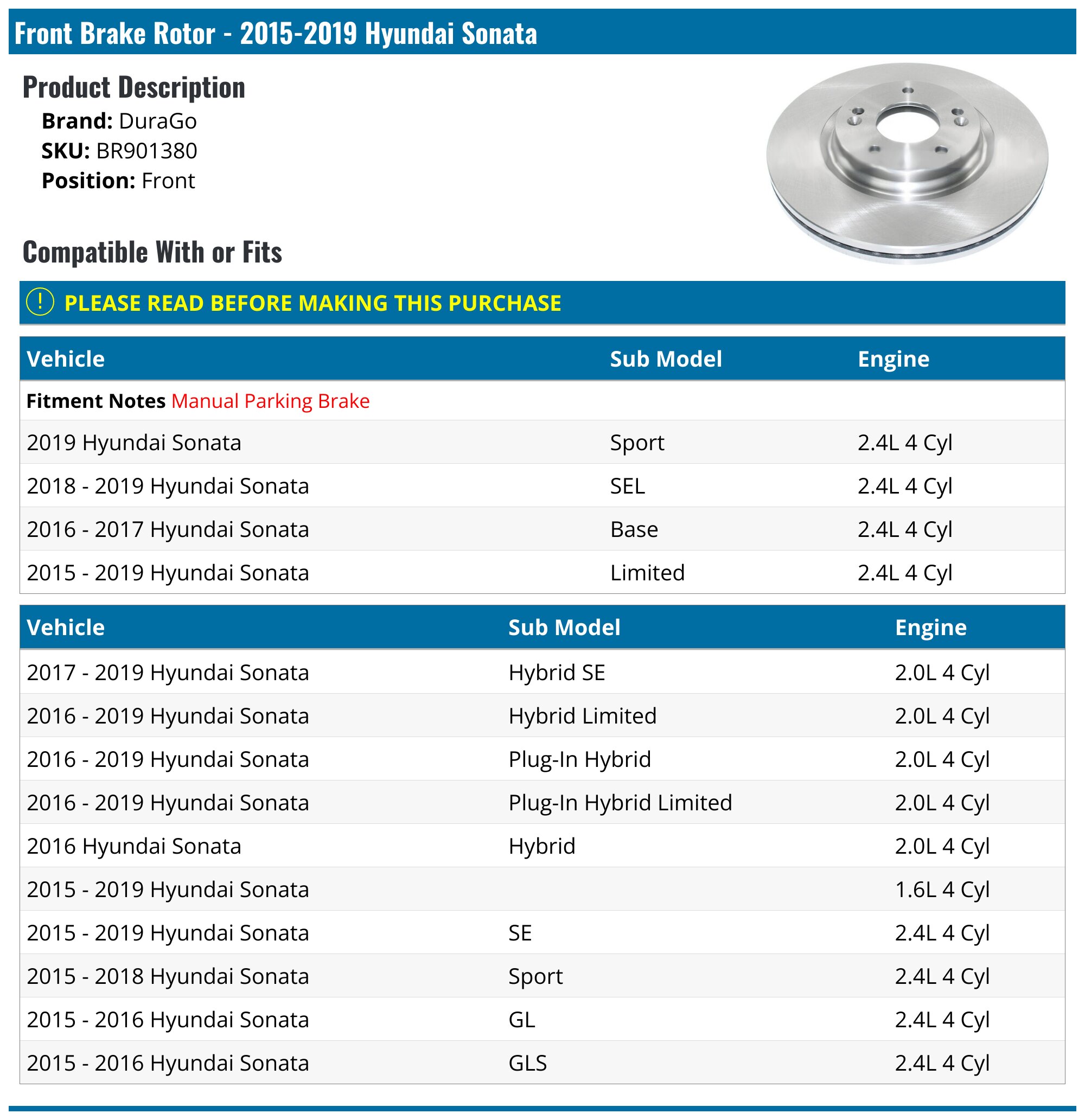 DuraGo Titanium Series Vented Front Brake Rotor - BR90138001 For Select Hyundai Sonata Models
