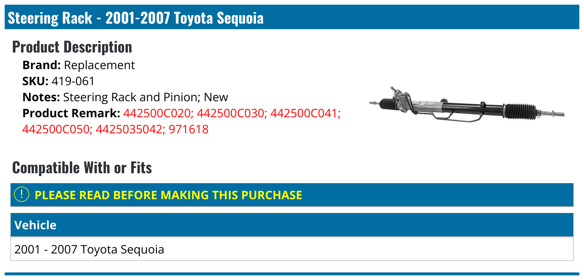 20012007 Toyota Sequoia Steering Rack Replacement 419061