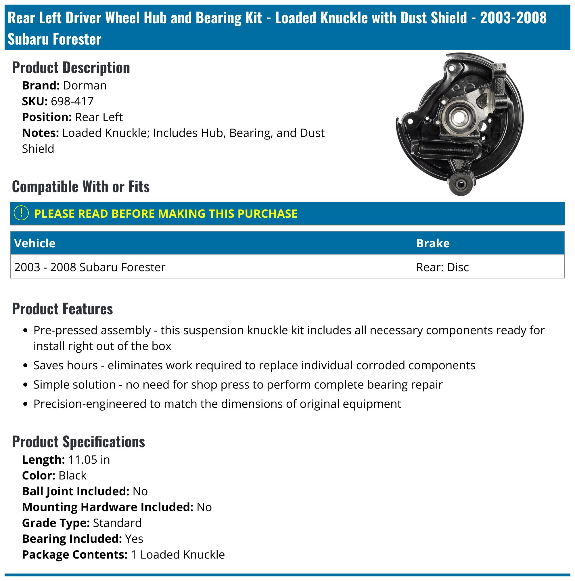 Complete Wheel Hub Bearing & Steering Knuckle Assembly – Right Rear For 2001-2008 Subaru Forester
