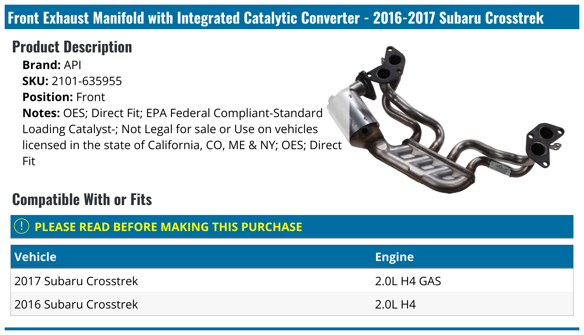 Subaru Crosstrek 2.5l Catalytic Converter