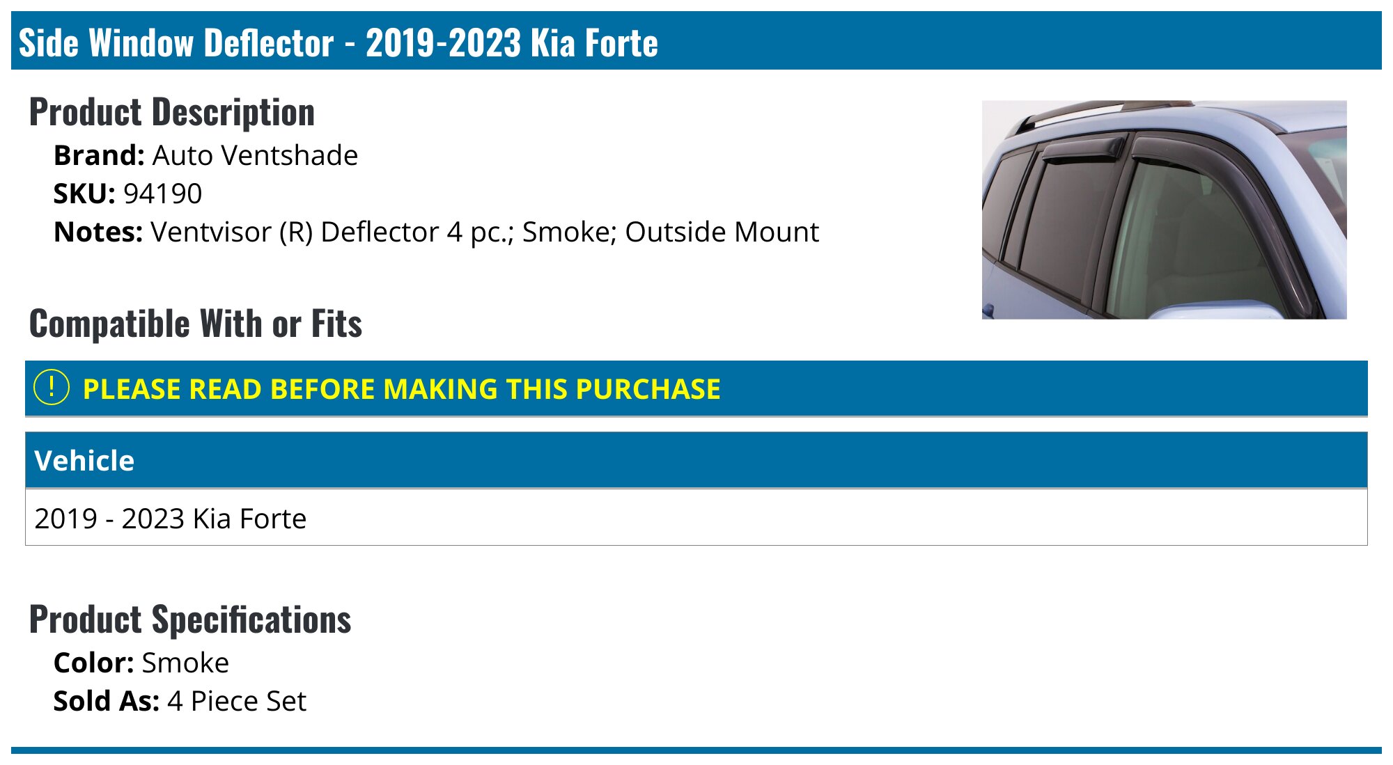 JDM Style Vent Visors For Kia Forte (2009-2013) – 4pc Dark Smoke, Glossy