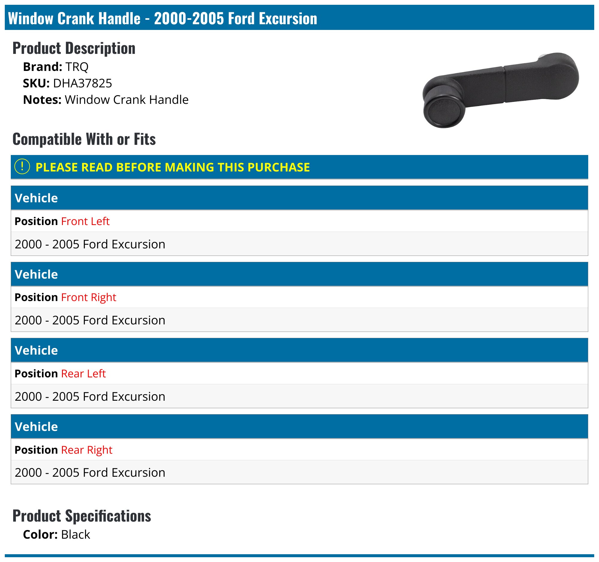 2000-2005 Ford Excursion Window Crank Handle - TRQ DHA37825 - Rear ...