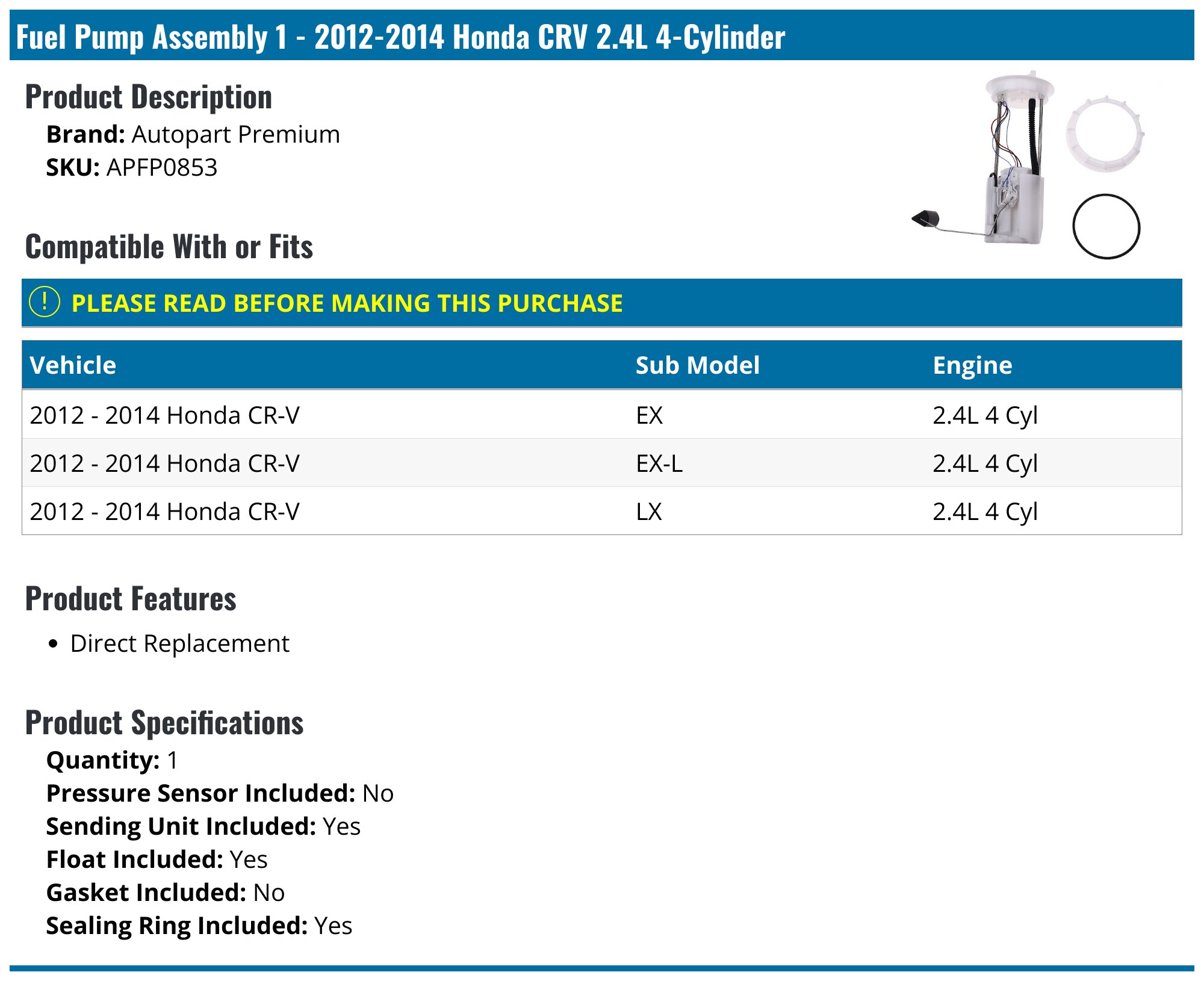 Autopartsclub2018 Fuel Pump Module Assembly For Honda Accord 2013-2017 L4 2.4L – Internal, Gas, With Gasket & Mounting Hardware