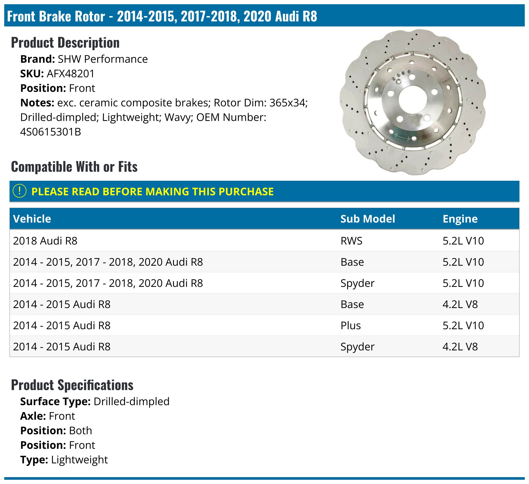 2014-2015, 2017-2018, 2020 Audi R8 Brake Rotor - SHW Performance ...