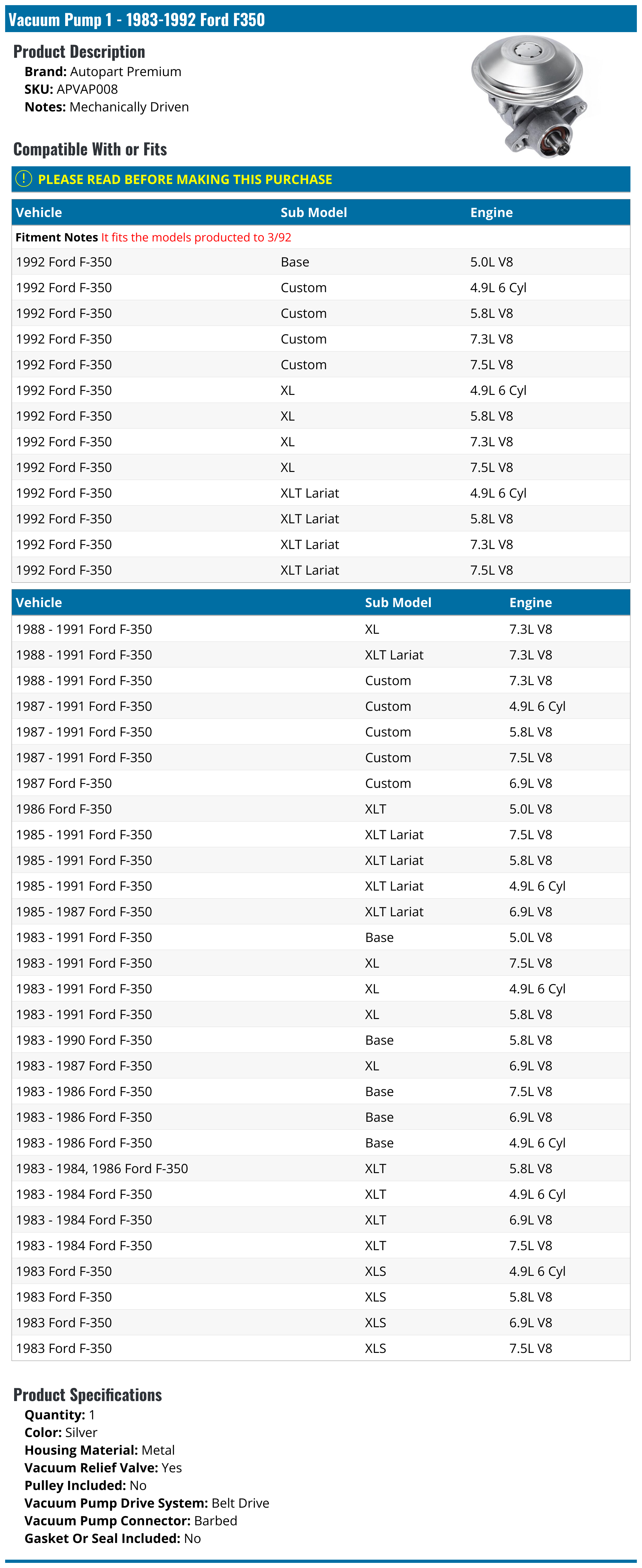 19831992 Ford F350 Vacuum Pump Autopart Premium APVAP008