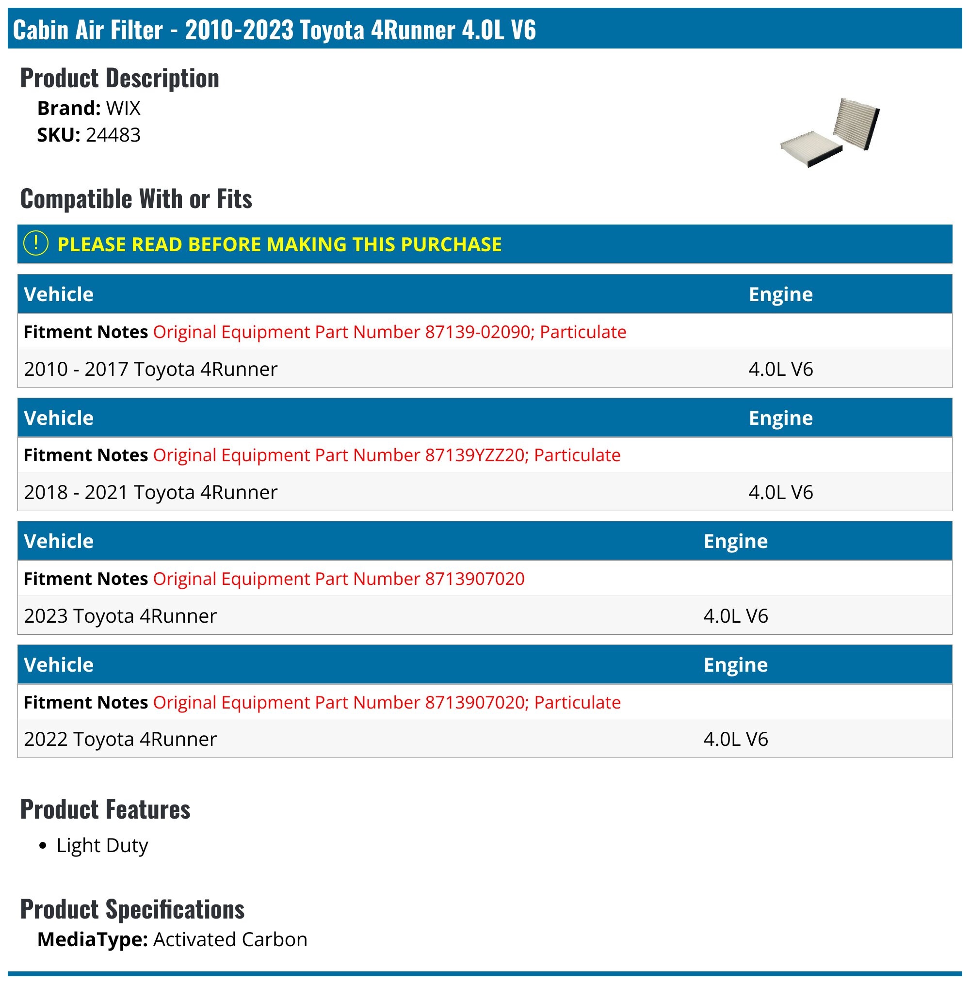2010-2024 Toyota 4Runner Cabin Air Filter - WIX 24483 - PartsGeek.com