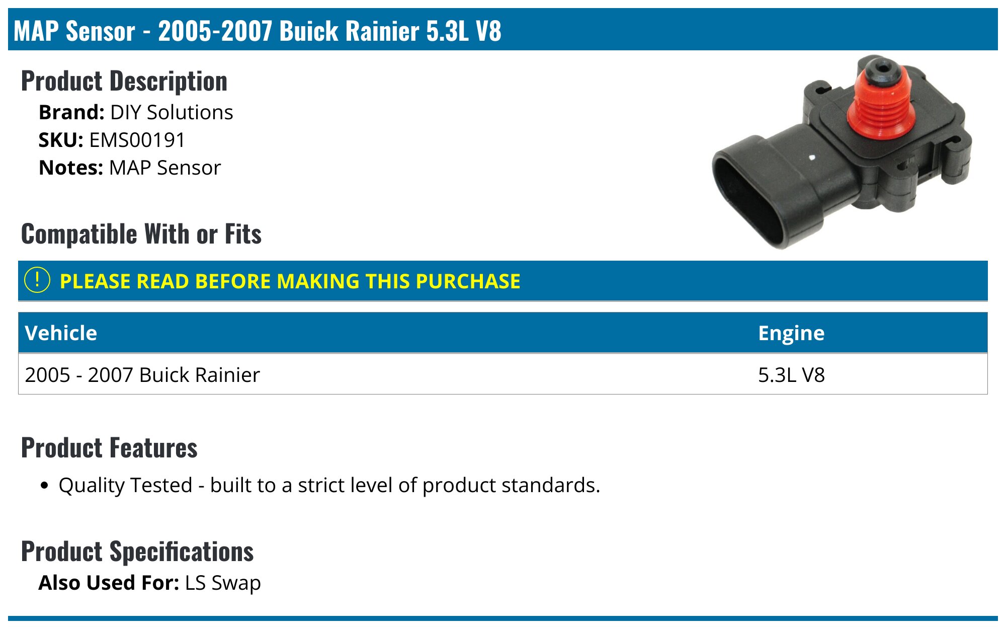 2005-2007 Buick Rainier MAP Sensor - DIY Solutions EMS00191 - PartsGeek.com