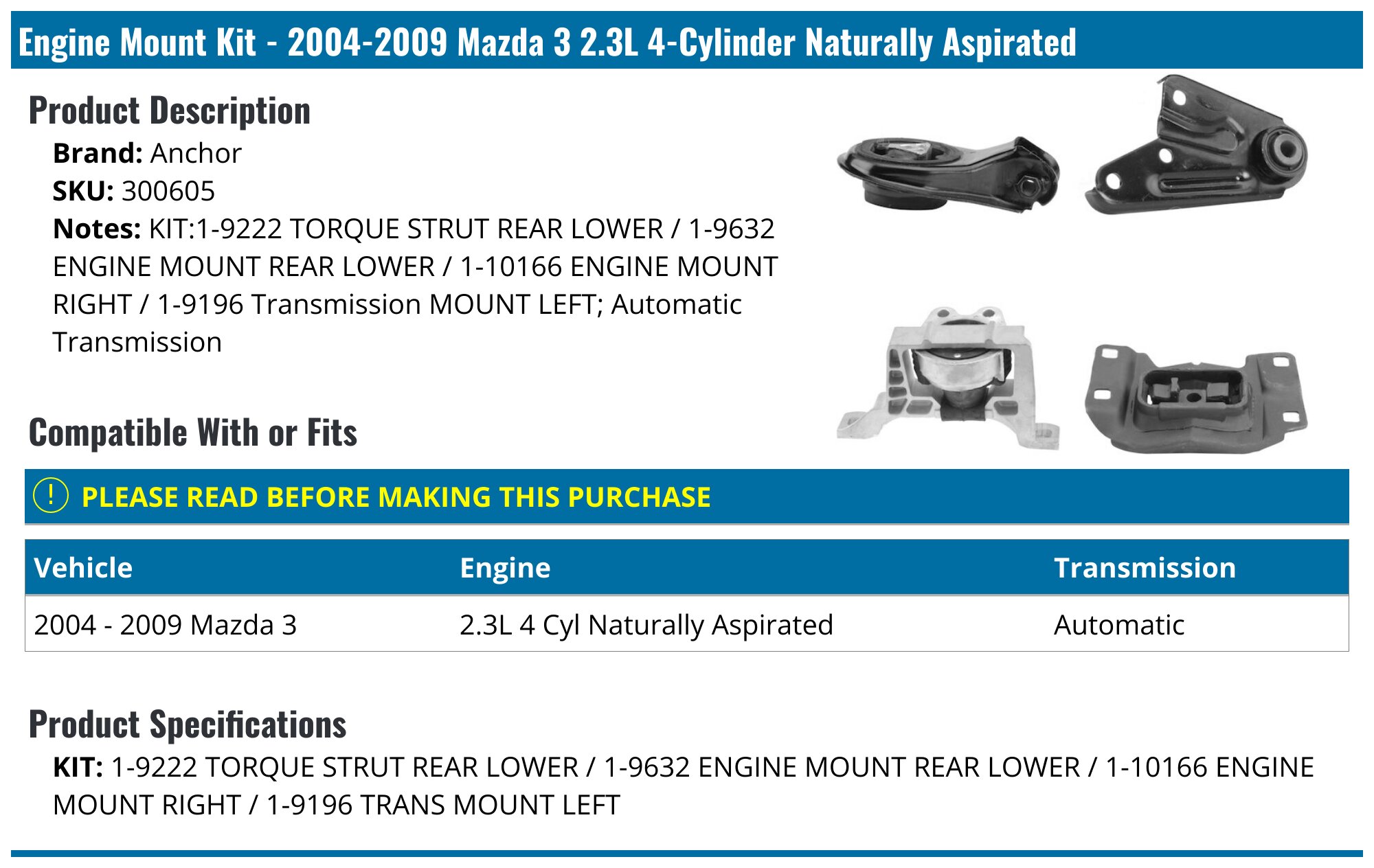 2004-2009 Mazda 3 Engine Mount - Anchor 300605 - PartsGeek.com