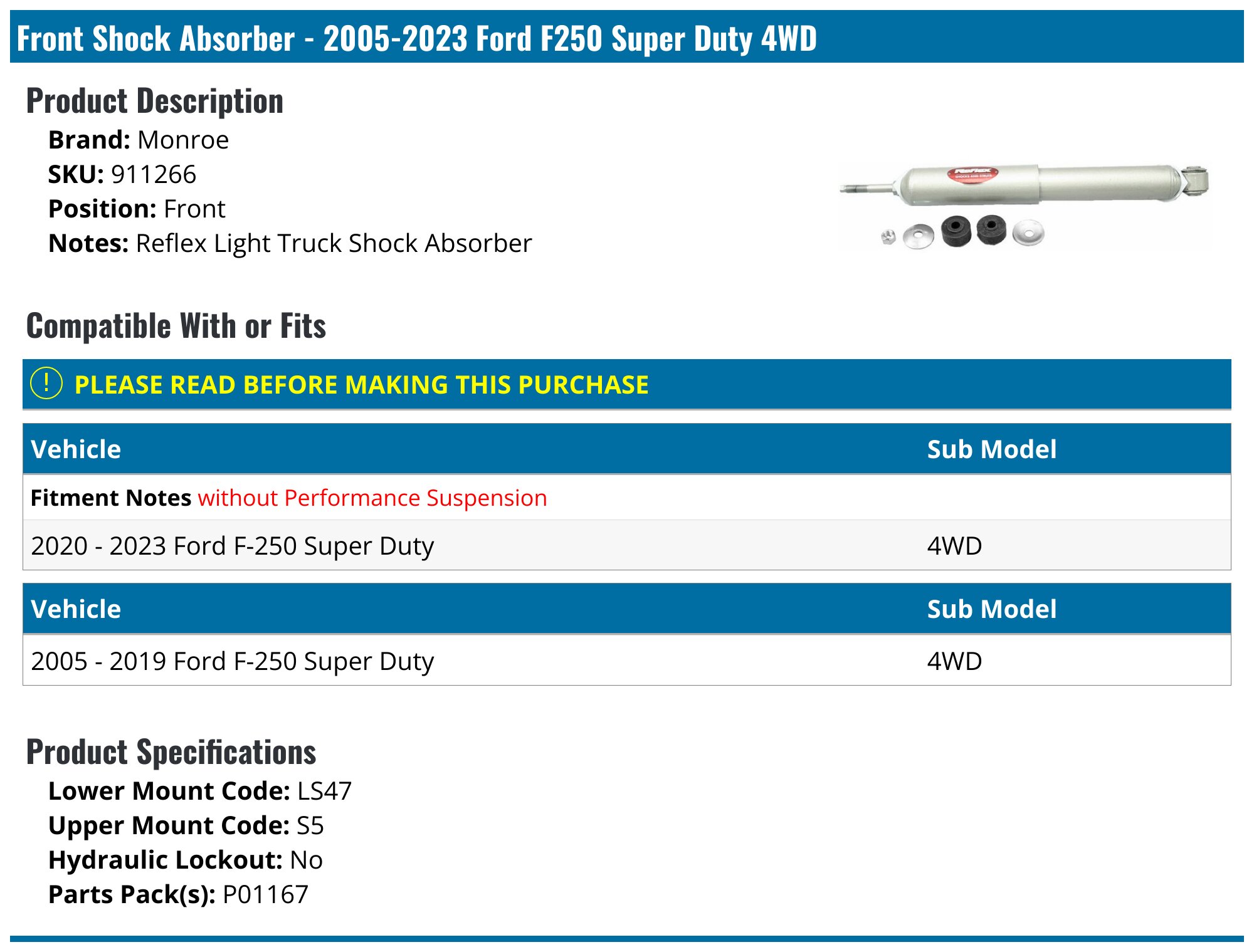 2005-2025 Ford F250 Super Duty Shock Absorber - Monroe 911266 - Front ...
