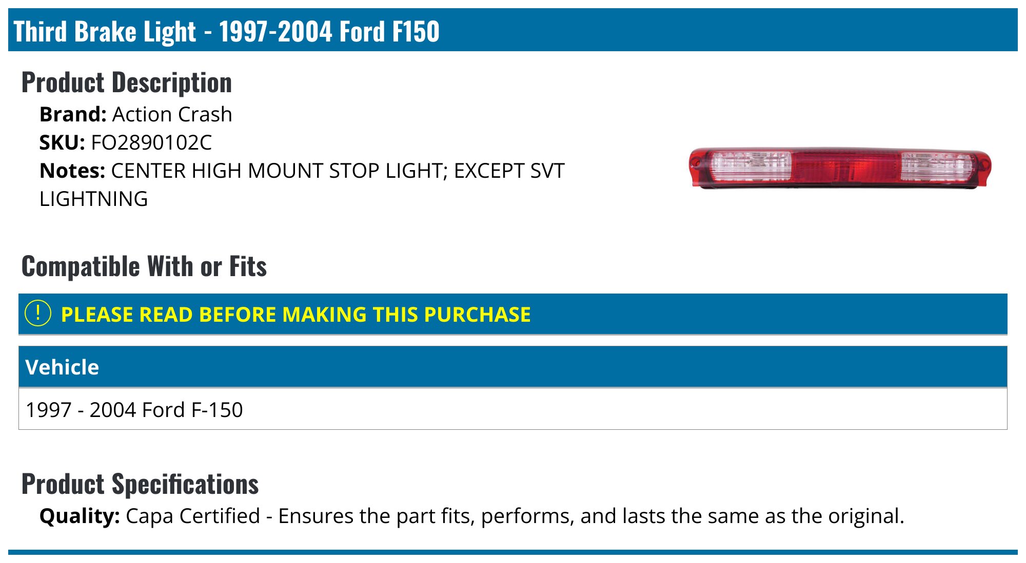 19972004 Ford F150 Third Brake Light Action Crash FO2890102C