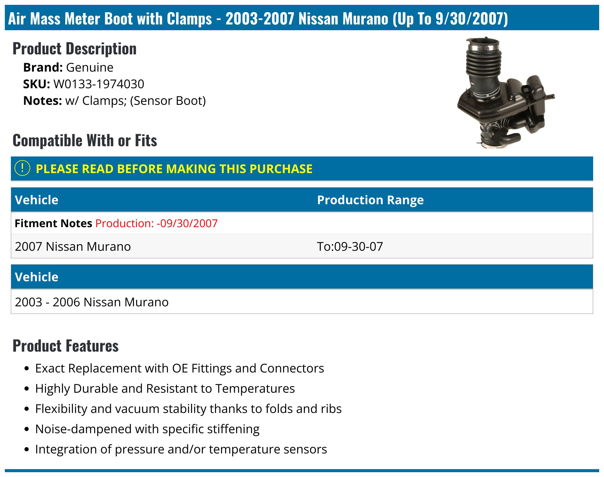 2003-2007 Nissan Murano Air Intake Hose - Genuine W0133-1974030 ...