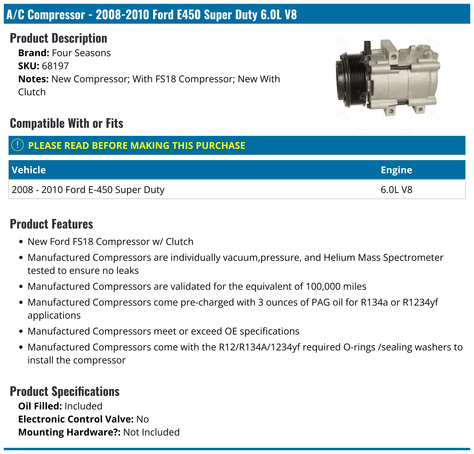2008-2010 Ford E450 Super Duty A/C Compressor - Four Seasons 68197 ...