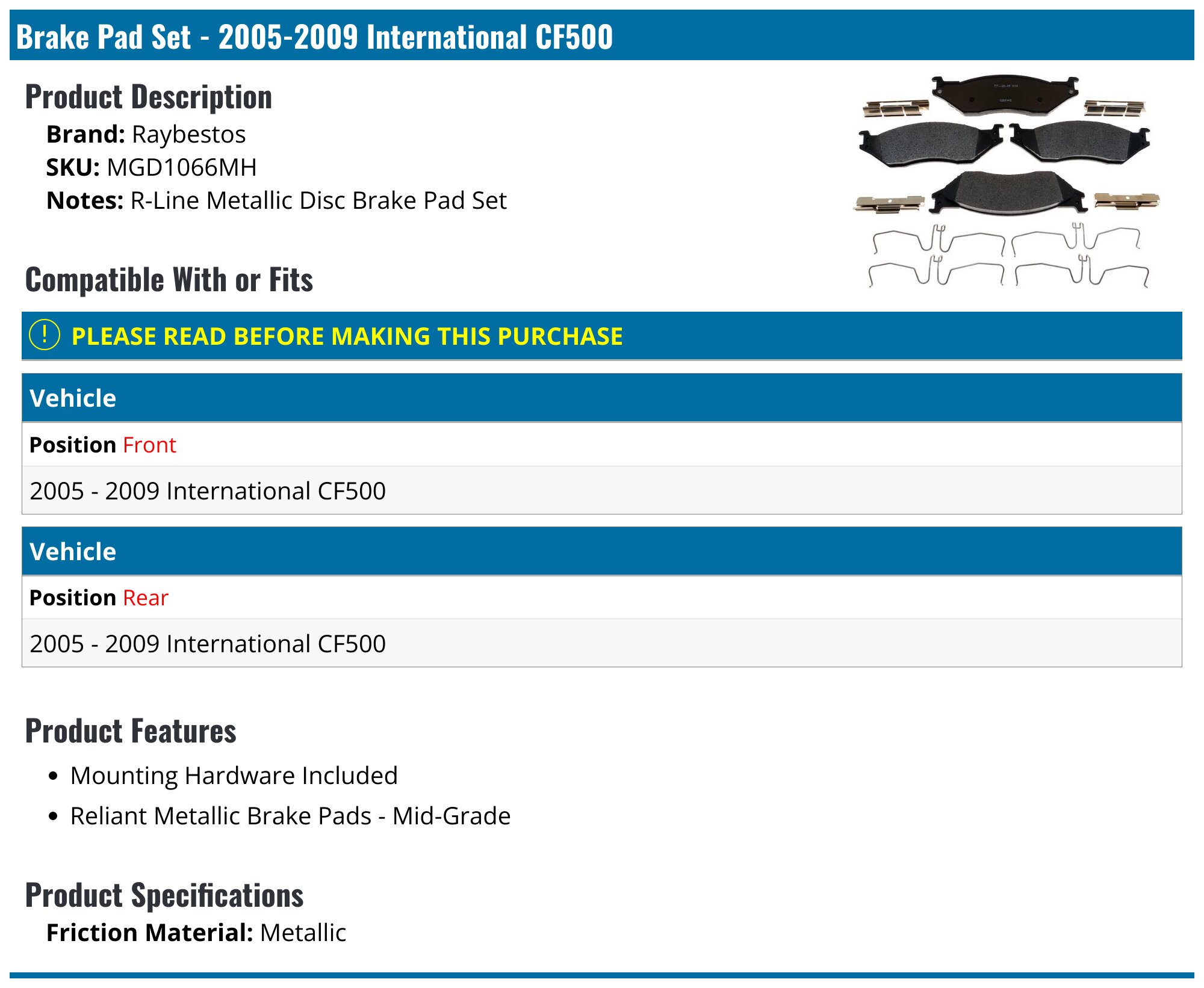 2005-2009 International CF500 Brake Pad Set - Raybestos MGD1066MH ...