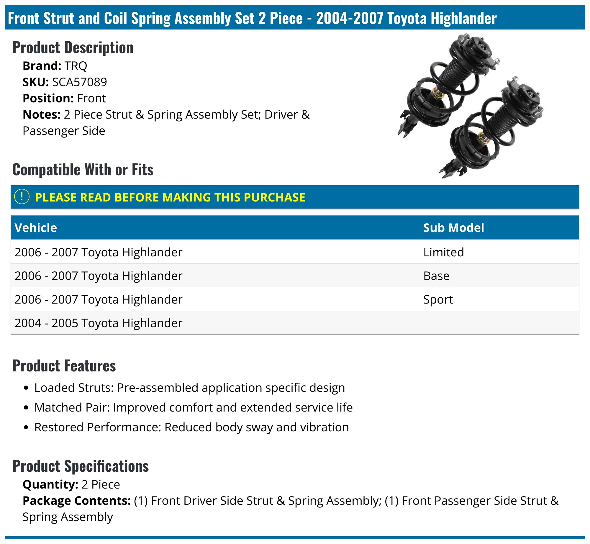 Front Complete Struts & Spring Assemblies Pair – Fits 2004-2007 Toyota Highlander – By Unity Automotive