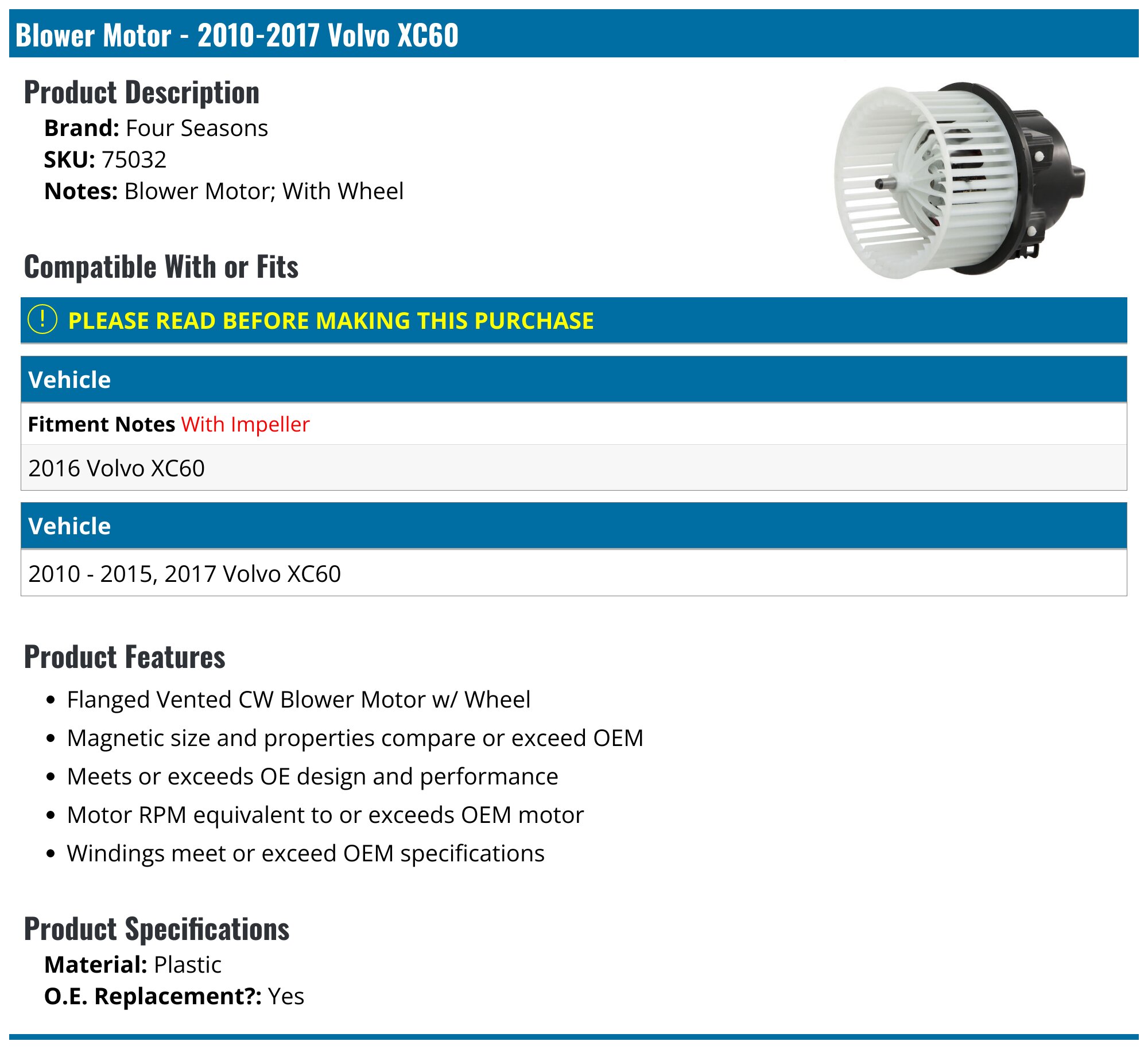 20102017 Volvo XC60 Blower Motor Four Seasons 75032
