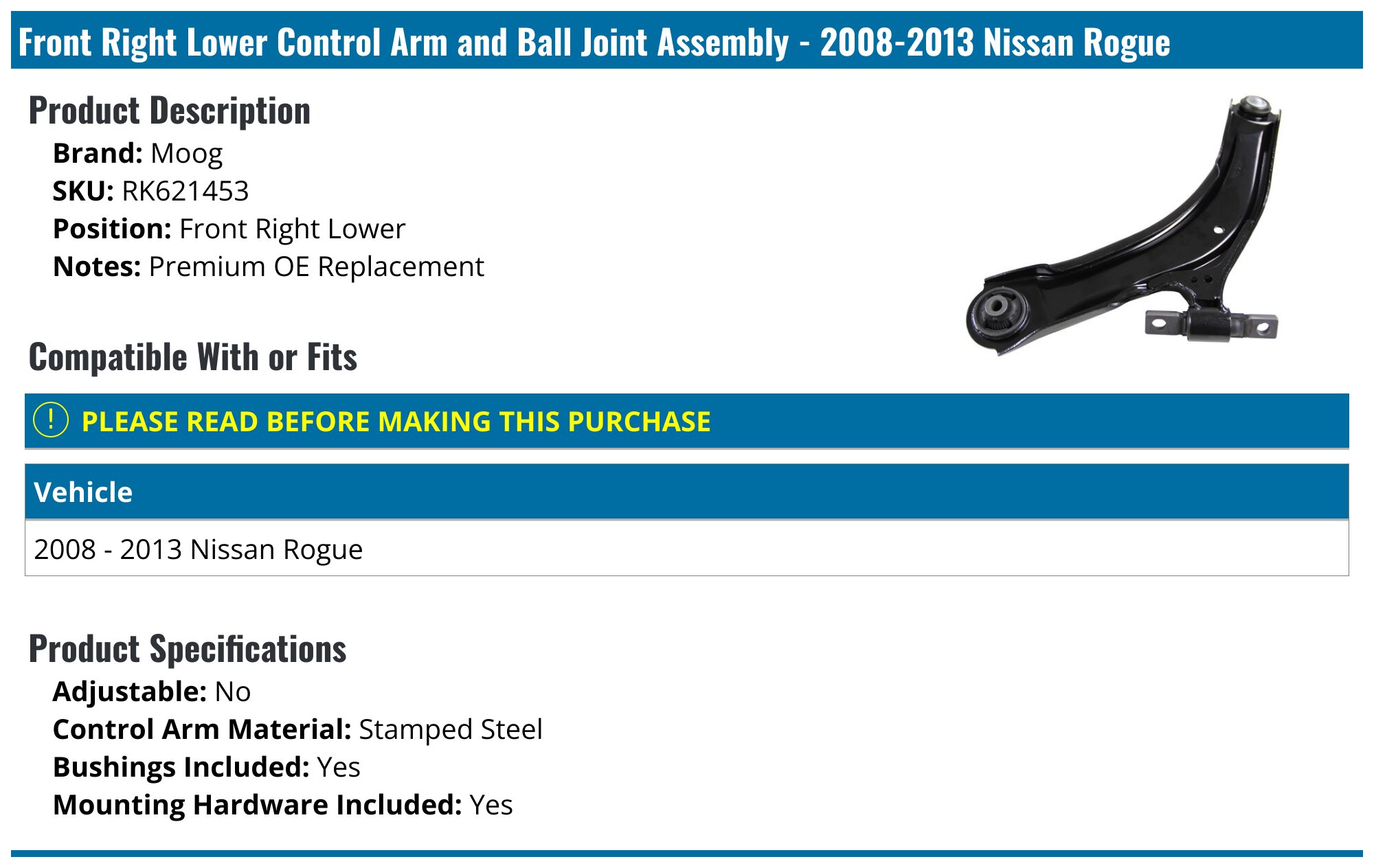 Moog Front Lower Control Arm Set With Ball Joints – Fits 2008-2013 Nissan Rogue