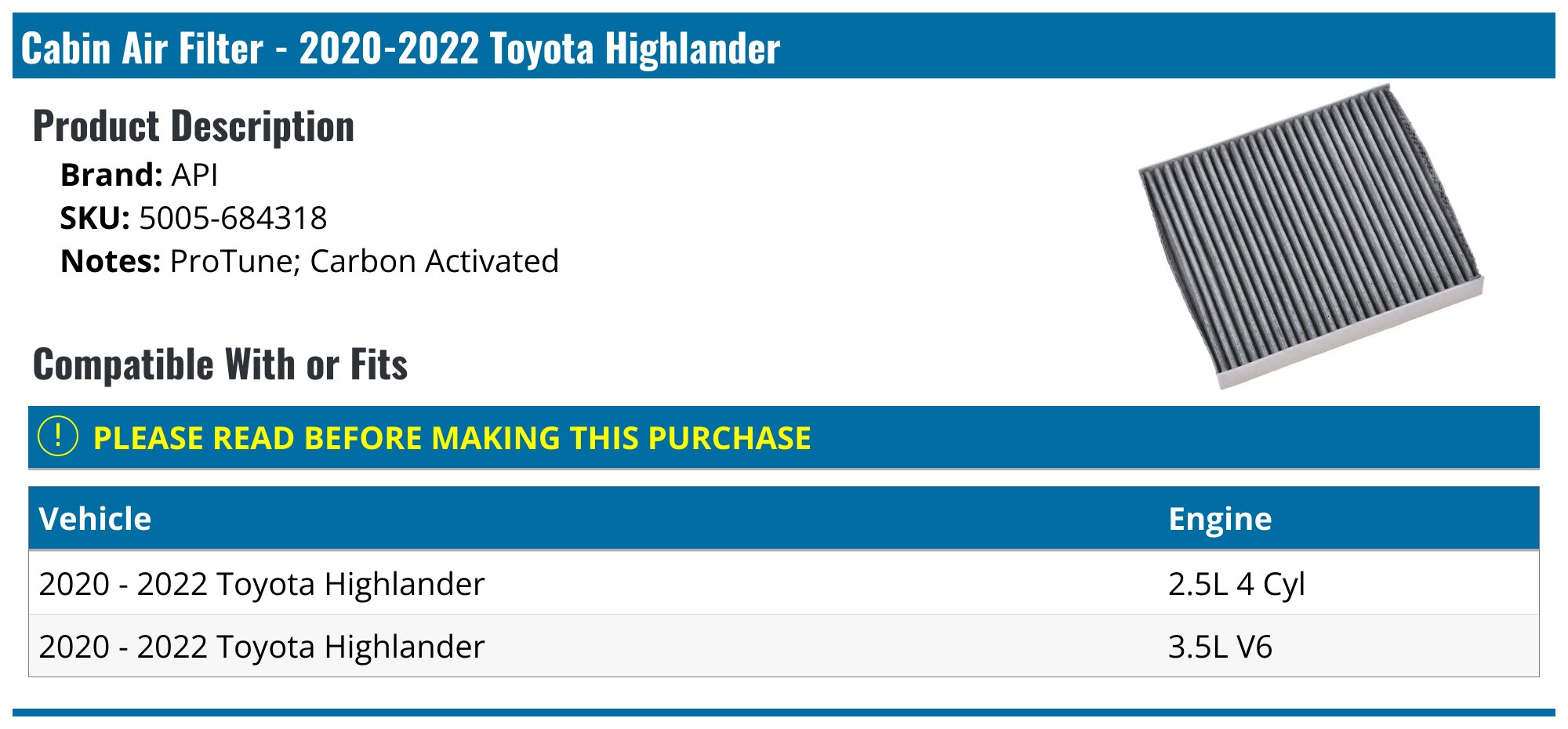 2020-2024 Toyota Highlander Cabin Air Filter - API 149167-02333883 ...