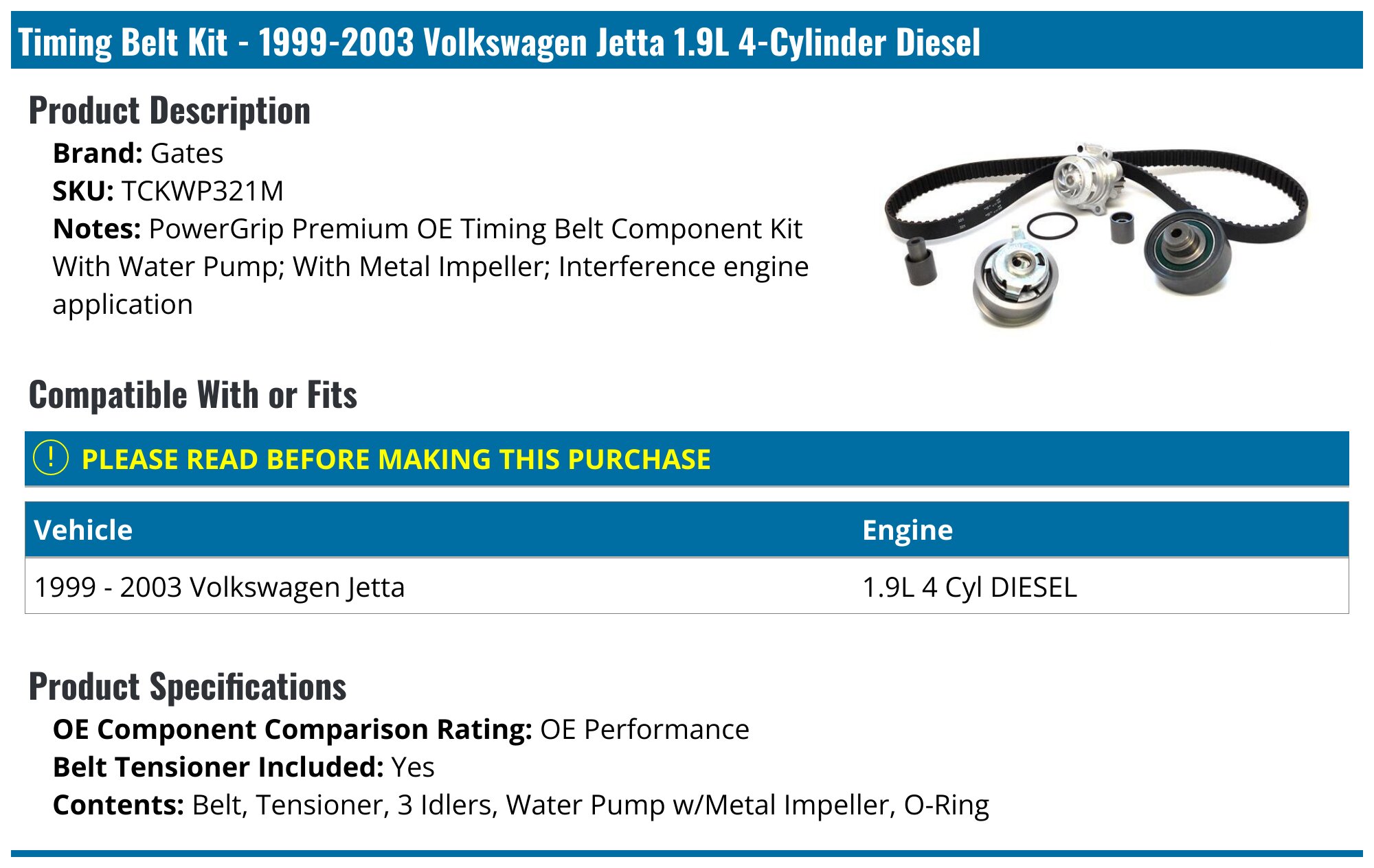 1999-2003 Volkswagen Jetta Timing Belt - Gates TCKWP321M - PartsGeek.com