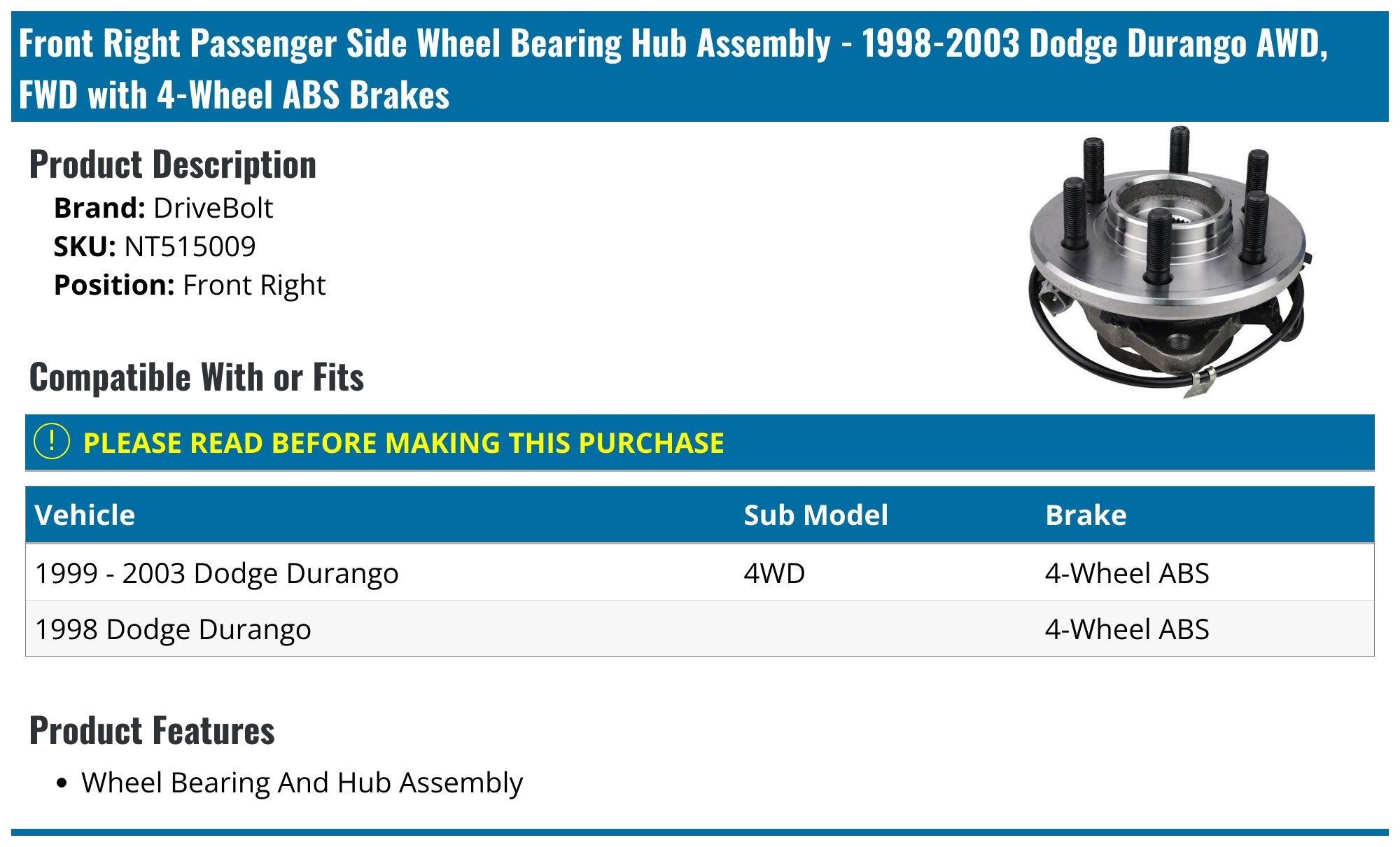 Front Wheel Bearing & Hub Assembly – Fits 2006-2009 Dodge Durango & Chrysler Aspen