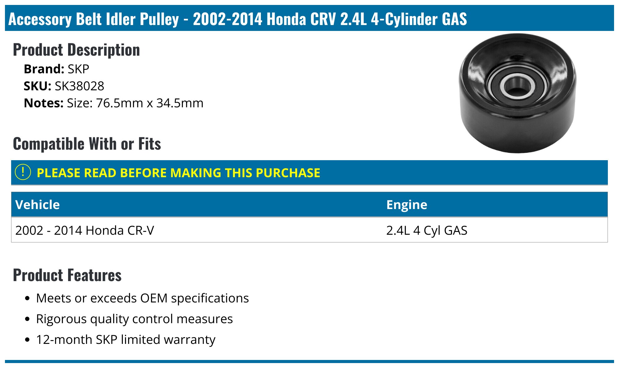Accessory Belt Tensioner Assembly - Compatible With 2002 - 2014 Honda CR-V 2003 2004 2005 2006 2007 2008 2009 2010 2011 2012 2013