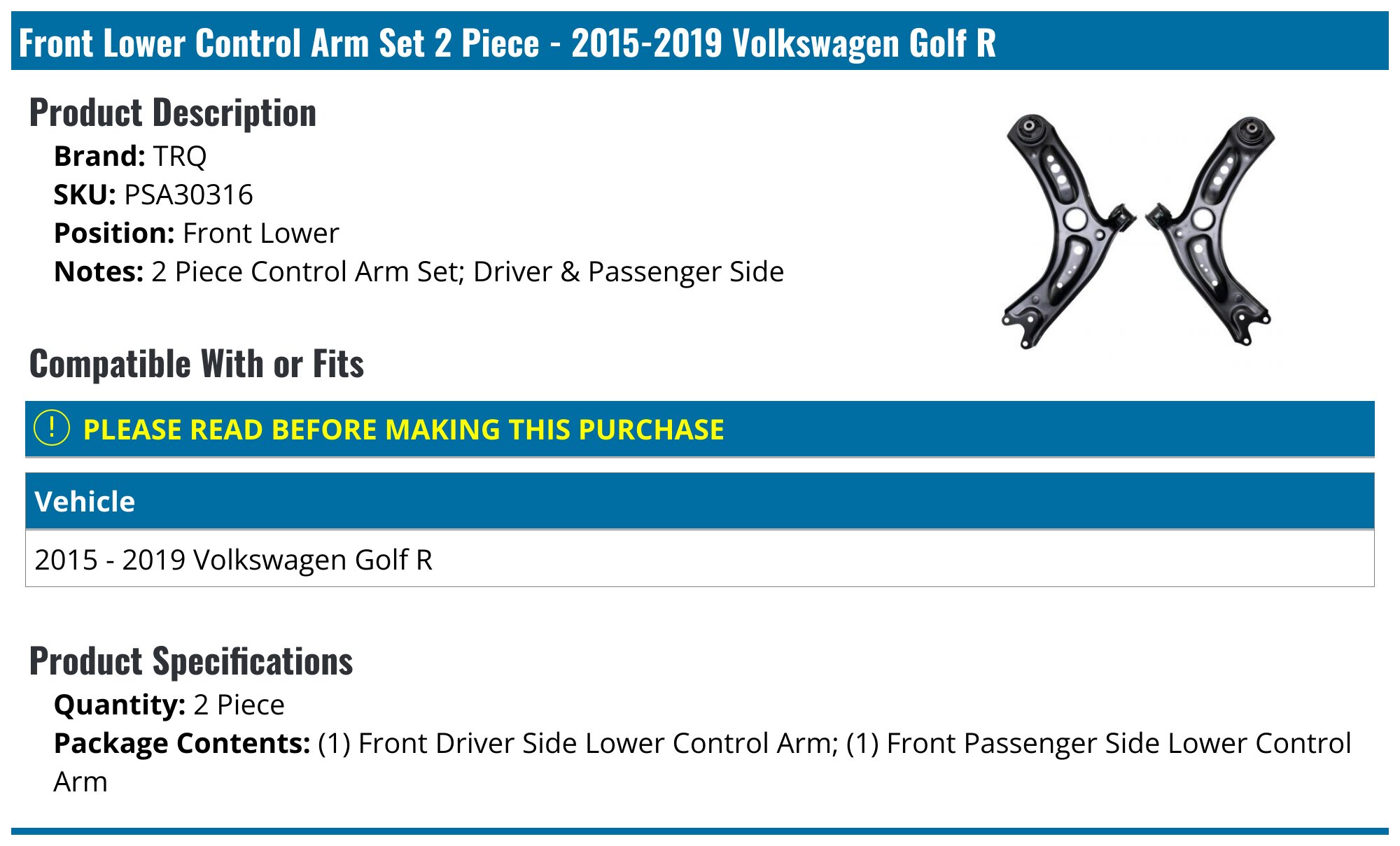2015-2019, 2022-2024 Volkswagen Golf R Control Arm - TRQ PSA30316 ...