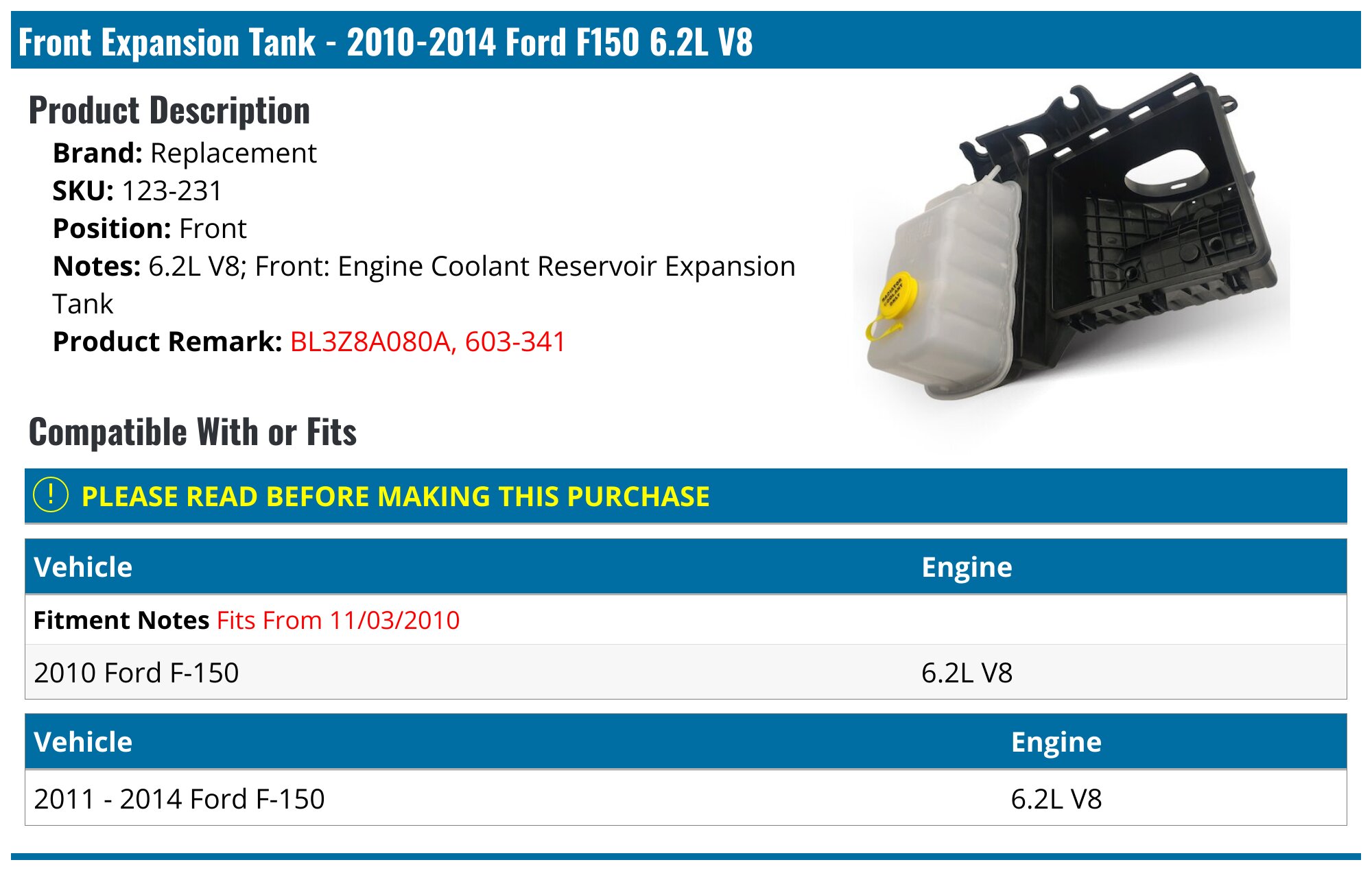 2010-2014 Ford F150 Expansion Tank - Replacement 123-231 - Front ...