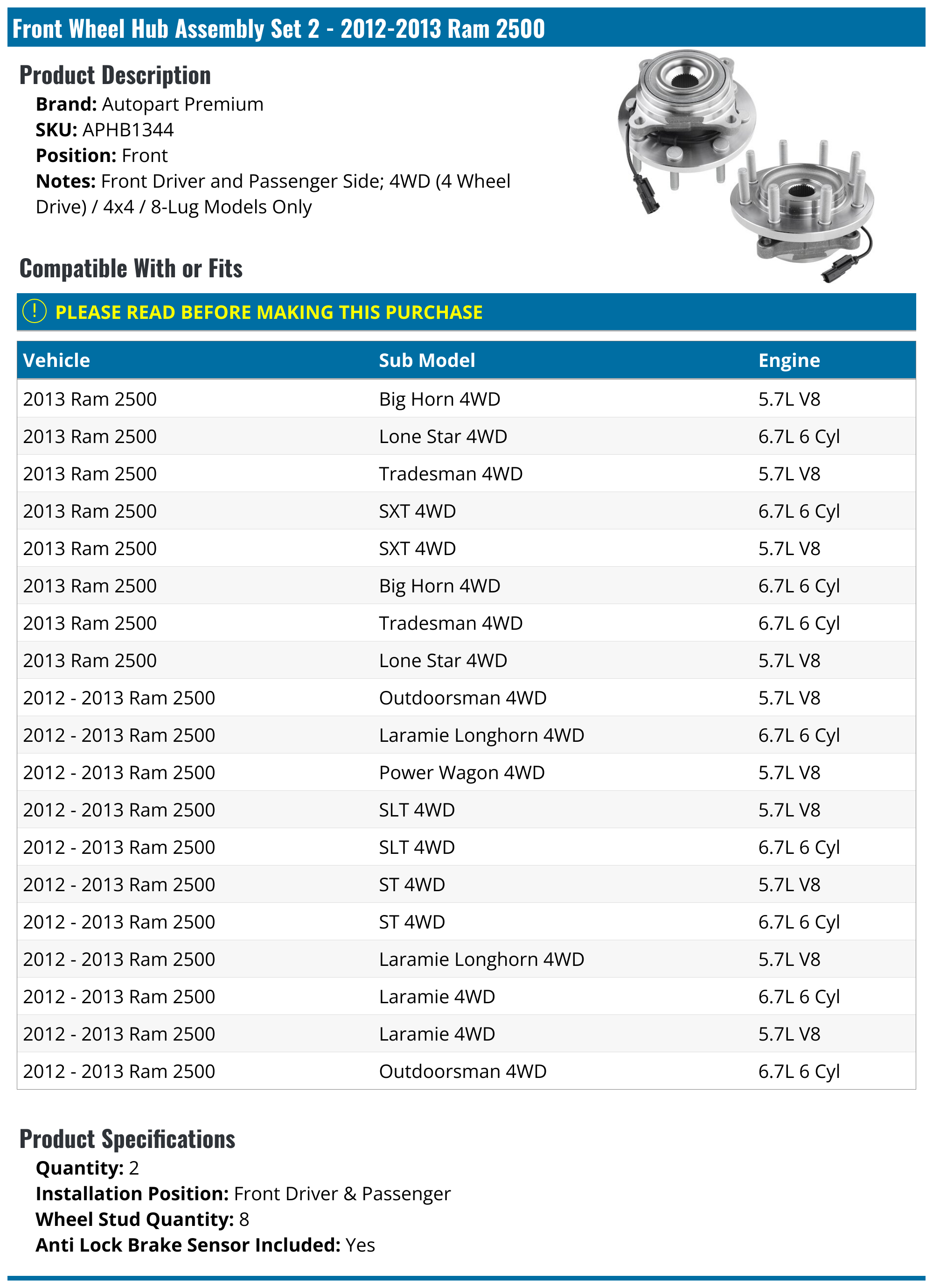 20122013 Ram 2500 Wheel Hub Assembly Autopart Premium APHB1344 Front