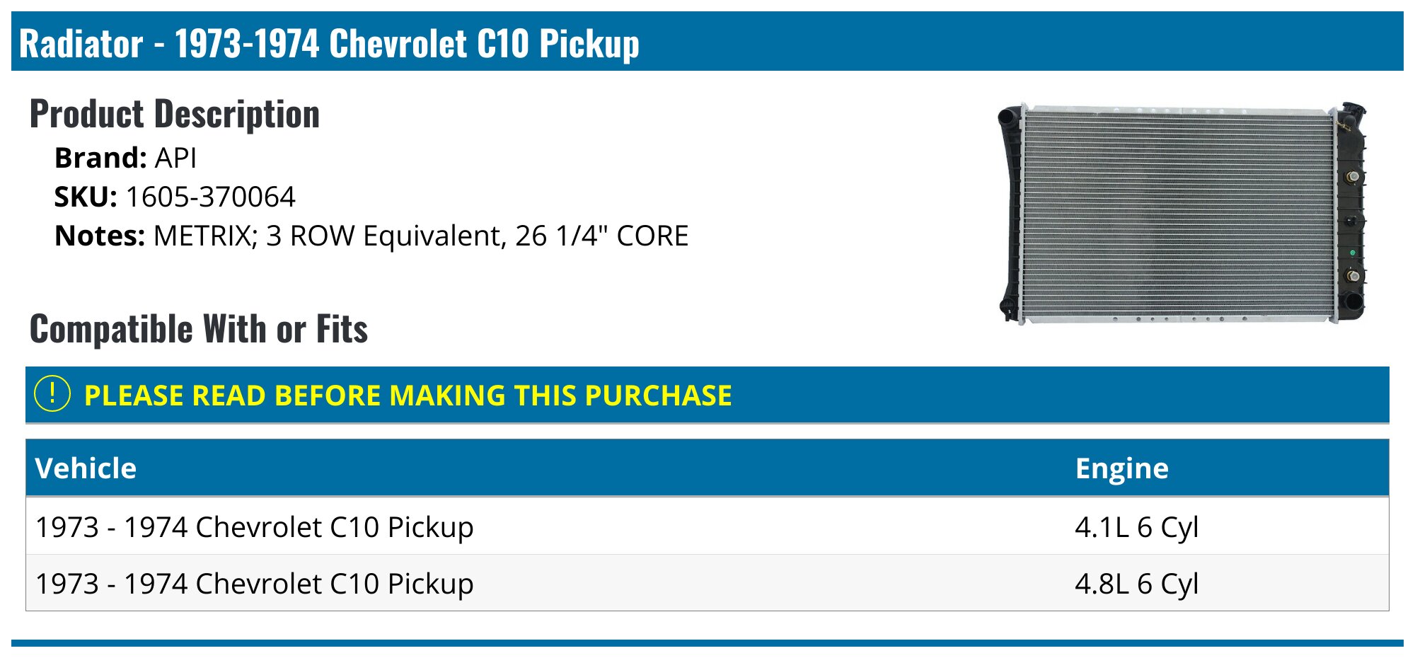 13976 Radiator 1973-1974 Chevrolet C10 Pickup Radiator - API 13976-07817342 ...