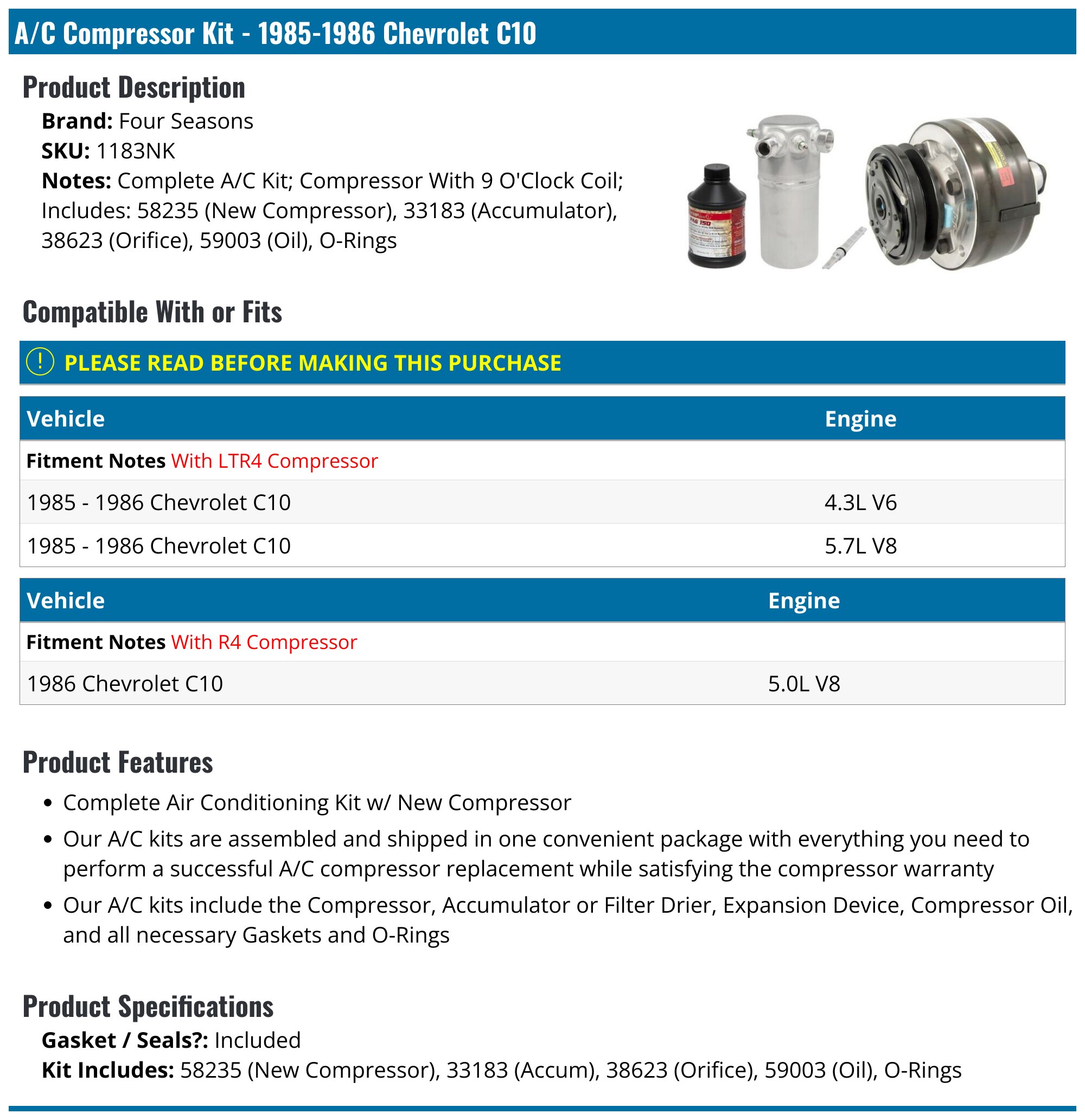 1985-1986 Chevrolet C10 A/C Compressor - Four Seasons 1183NK ...