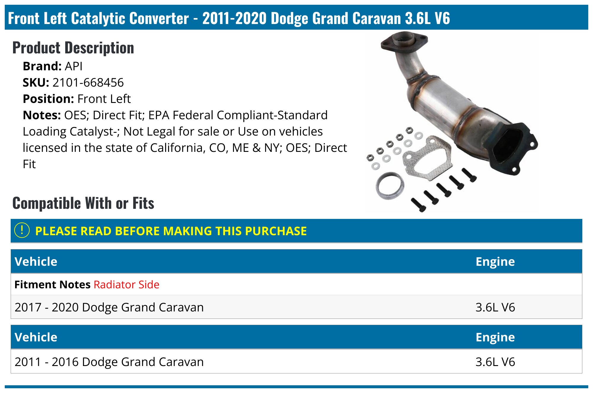 Anytek Front & Rear Catalytic Converters – For 2011-2016 Dodge Grand Caravan 3.6L V6 – EPA Compliant (Except CA, NY, CO)