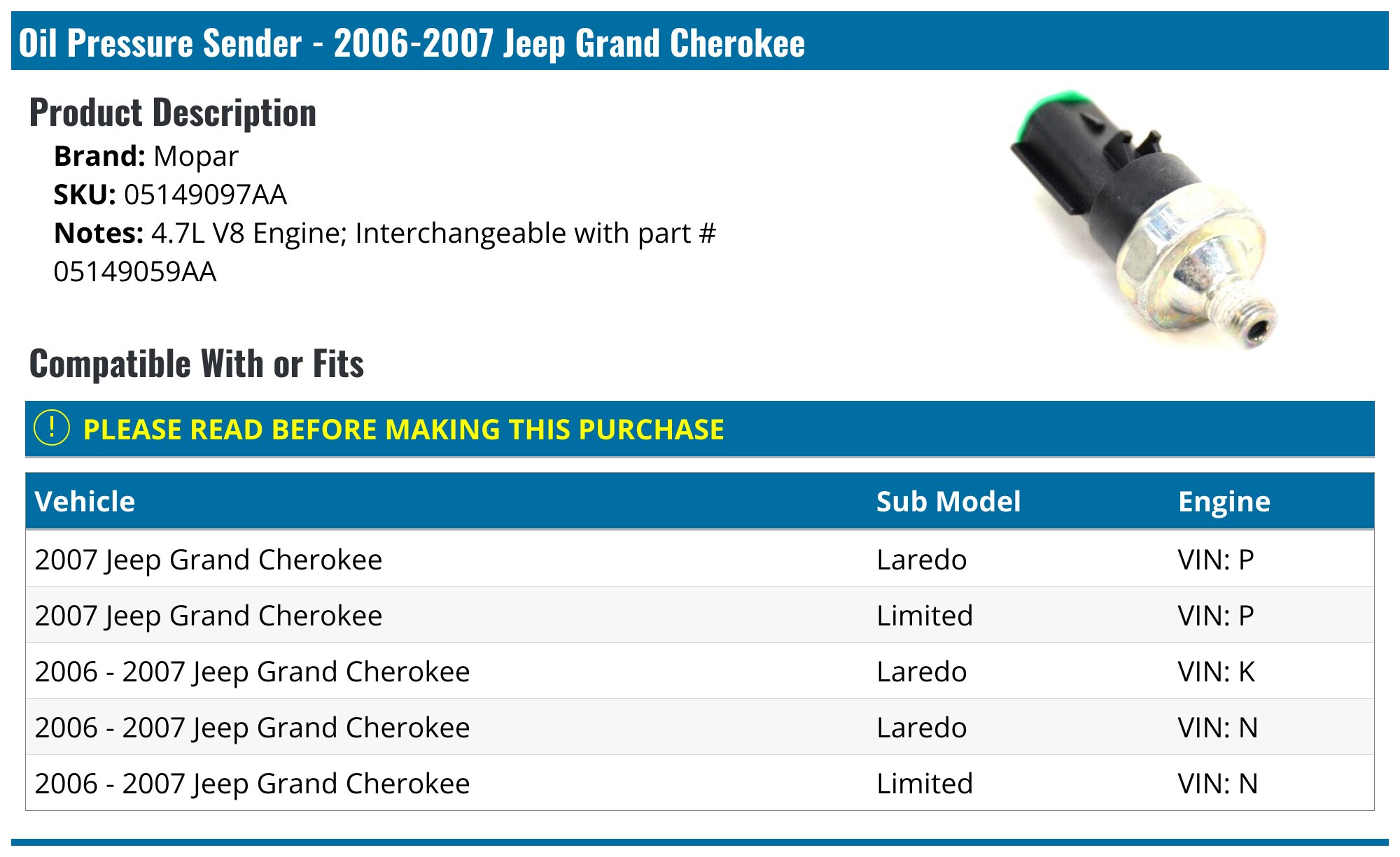 20062007 Jeep Grand Cherokee Oil Pressure Sender Mopar 05149097AA
