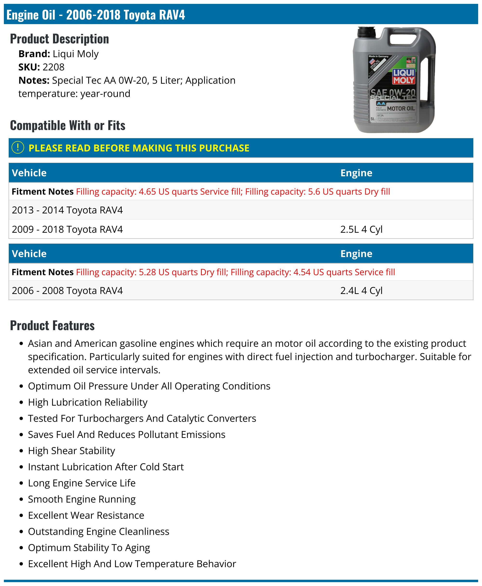 2006-2018 Toyota RAV4 Engine Oil - Liqui Moly 2208 - PartsGeek.com