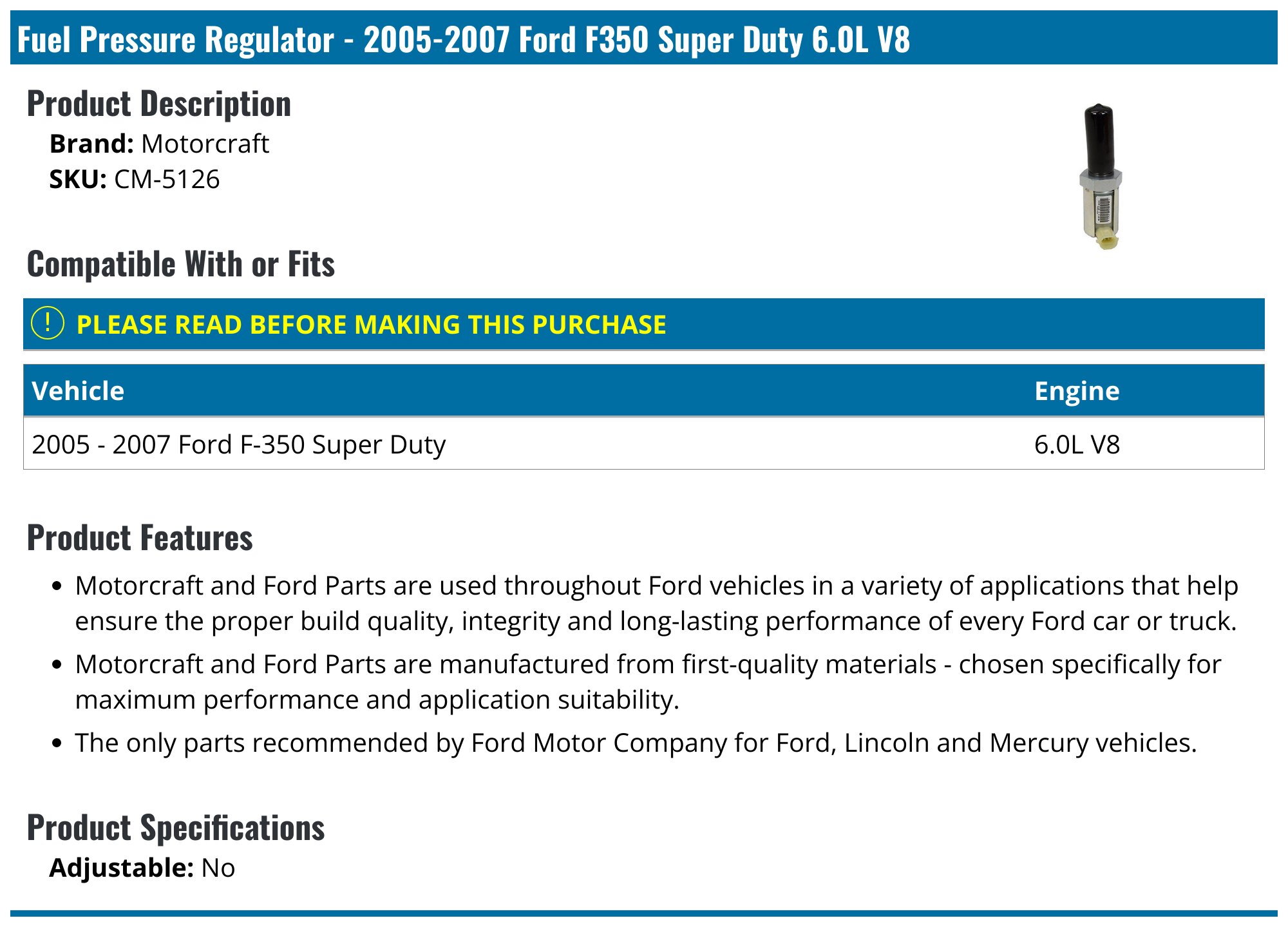 05 07 Ford F350 Super Duty Fuel Pressure Regulator Motorcraft Cm 5126 Partsgeek Com
