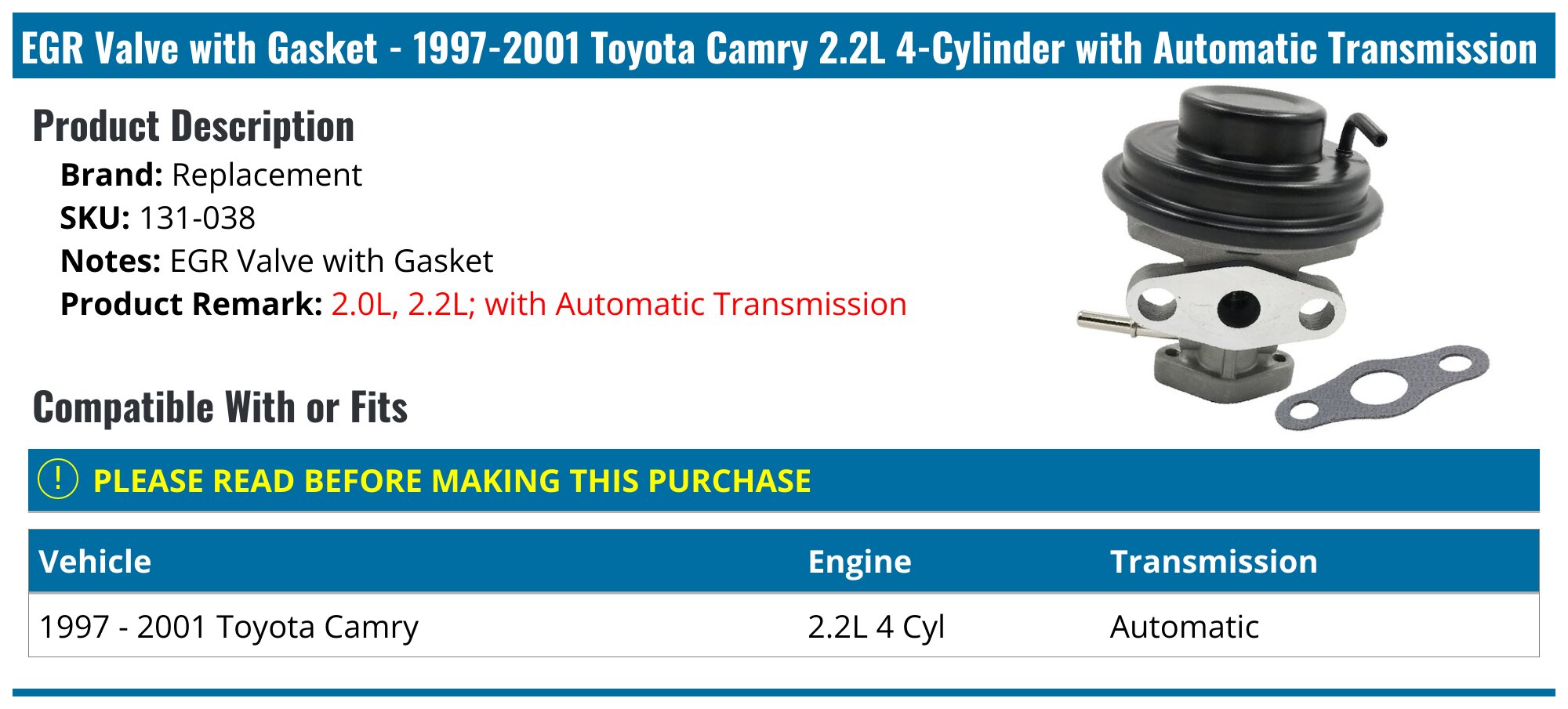 1997-2001 Toyota Camry EGR Valve - Replacement 131-038 - PartsGeek.com