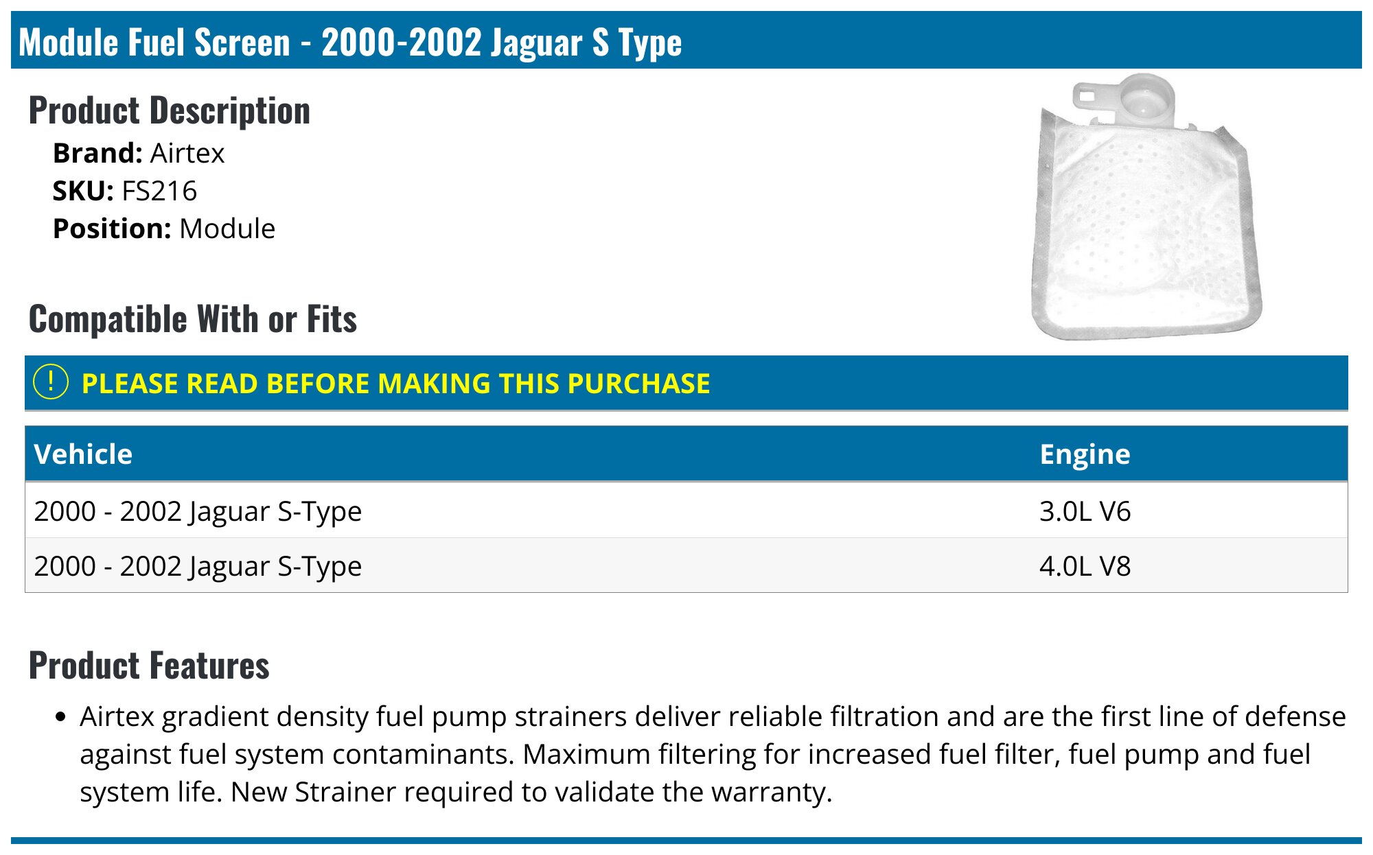20002002 Jaguar S Type Fuel Filter Airtex FS216 Module