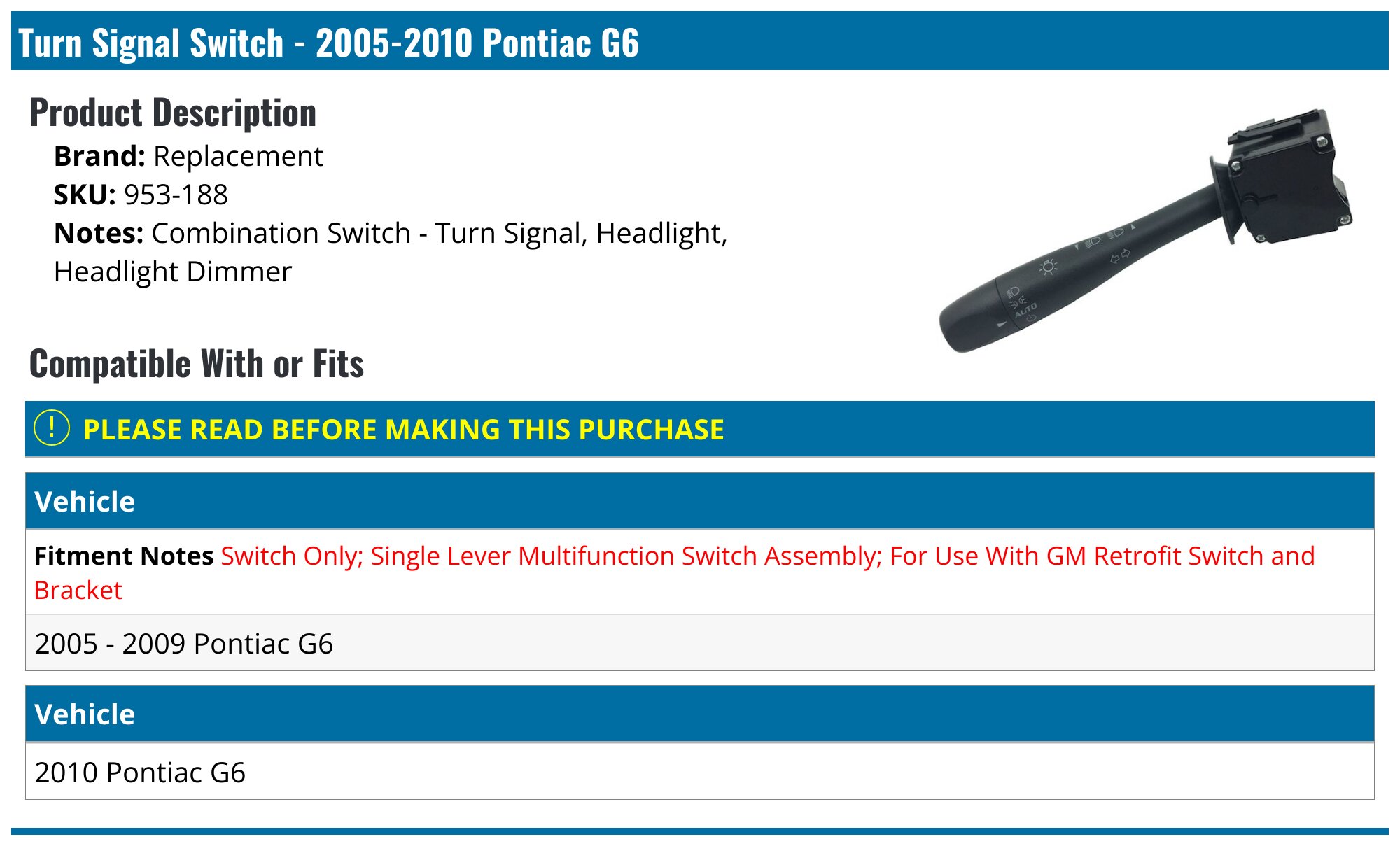 Pontiac G6 Turn Signal Switch - Blinker Switch - Replacement Brock